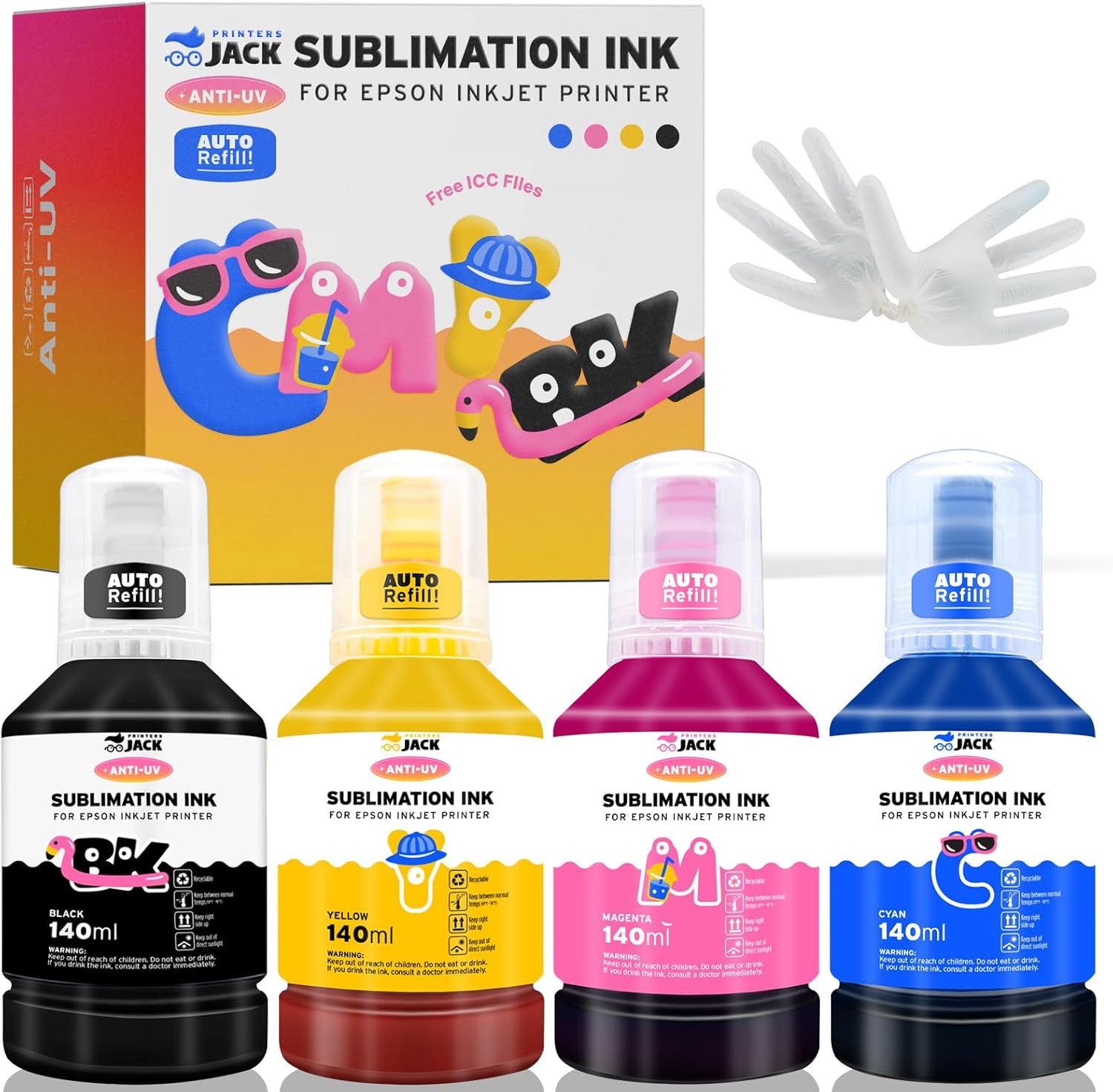 Printers Jack Recambio de tinta de sublimación 4.7 fl oz x 4 para impresoras Epson EcoTank Supertank ET-2720 ET-2760 ET-2750 ET-4700 ET-3760 18.9 fl