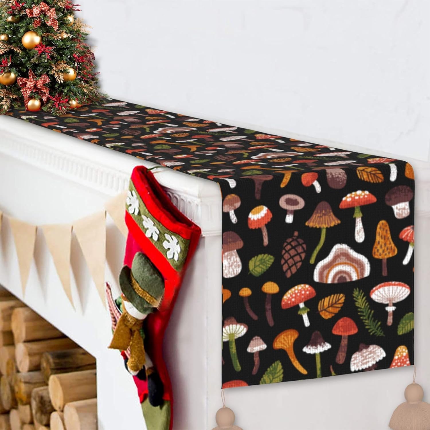 Camino de mesa de Navidad con hongos y hojas, decoración de mesa de comedor, decoración de Navidad, decoración de interiores del hogar, caminos de
