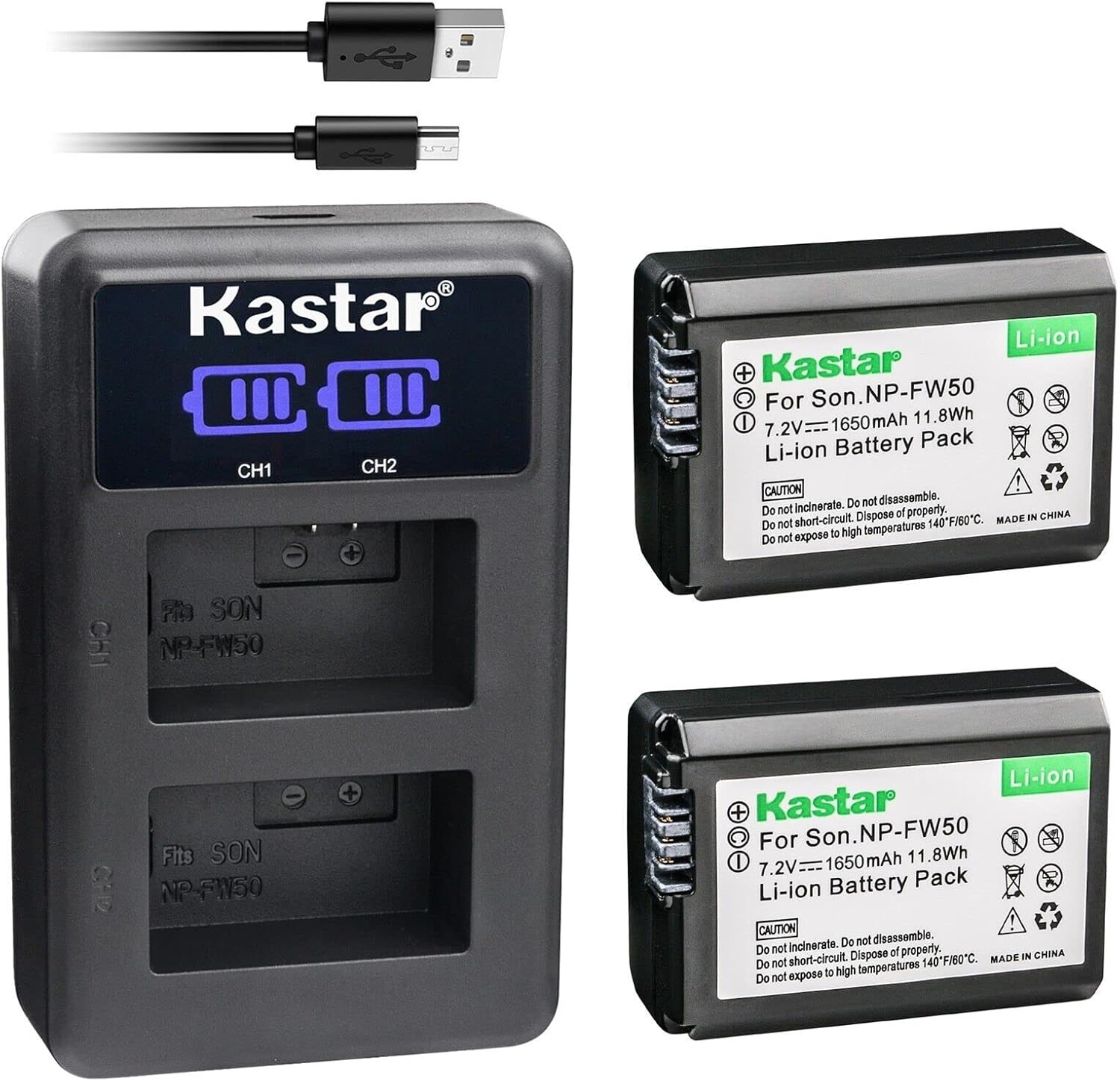 Kastar Paquete de 2 baterías NP-FW50 y cargador USB LED2 compatible con Sony Cyber-Shot DSC-RX10 III, Cyber-Shot DSC-RX10M3, Cyber-Shot DSC-RX10 IV,