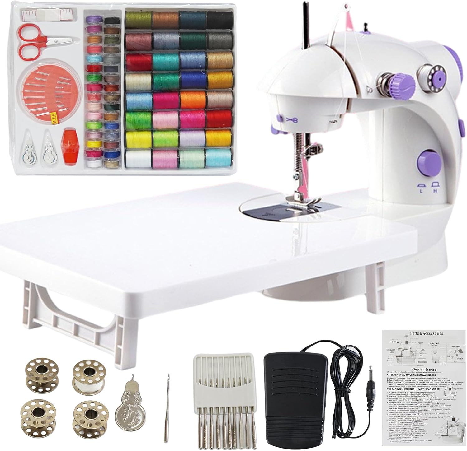 Mini máquina de coser para principiantes, kit de costura en 64 colores, máquina portátil de doble velocidad con mesa de extensión, luz, viajes, kit