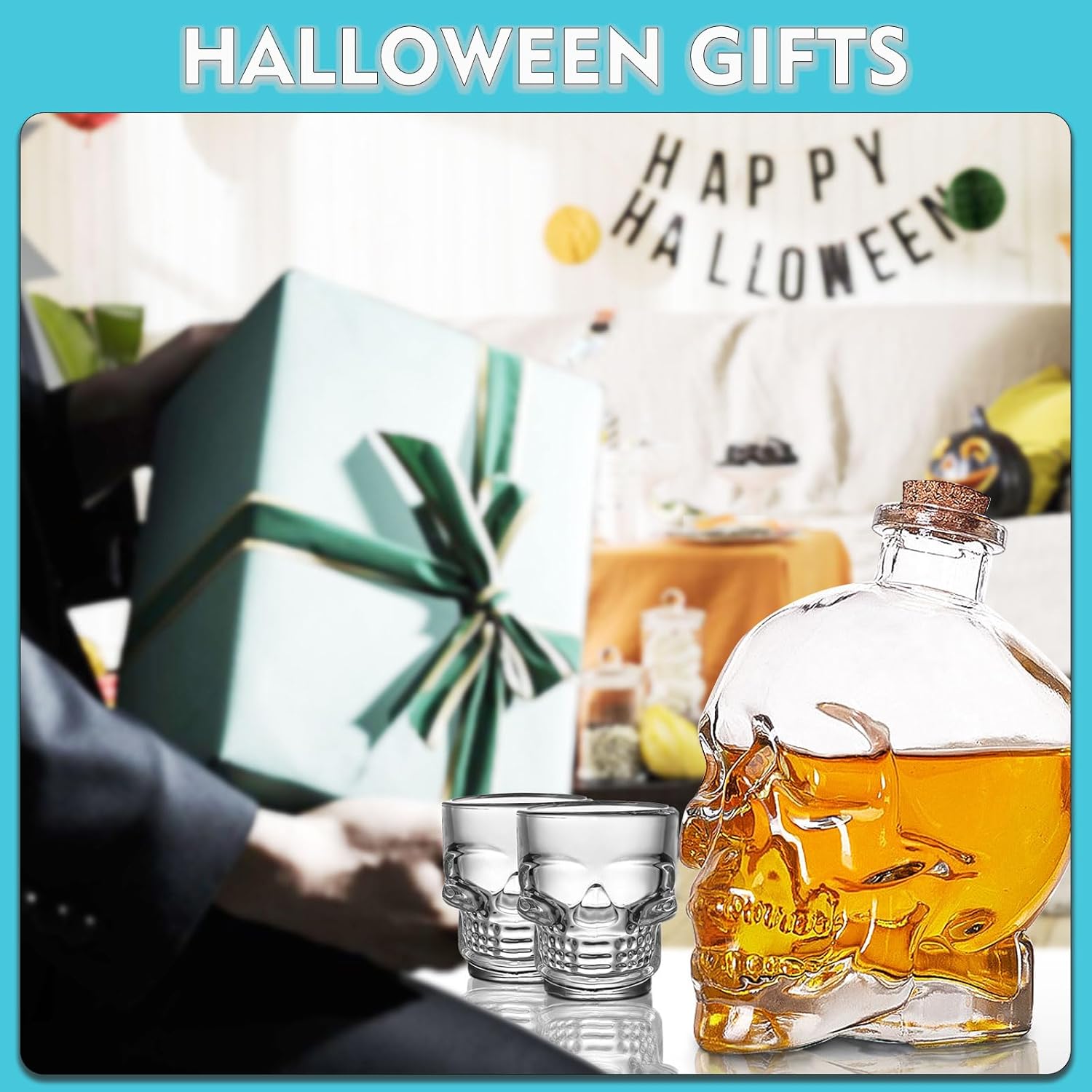 Juego de decantadores de calavera de 25 onzas  25.4 fl oz, botella de licor de calavera de cristal con 2 tazas pequeñas de 1.7 fl oz, divertida