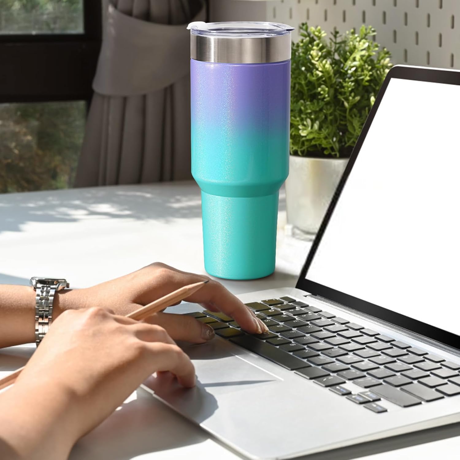 Lifecapido Vaso de 40 onzas, vaso de acero inoxidable, vaso aislado al vacío de doble pared con tapas y popotes, taza de viaje con recubrimiento en