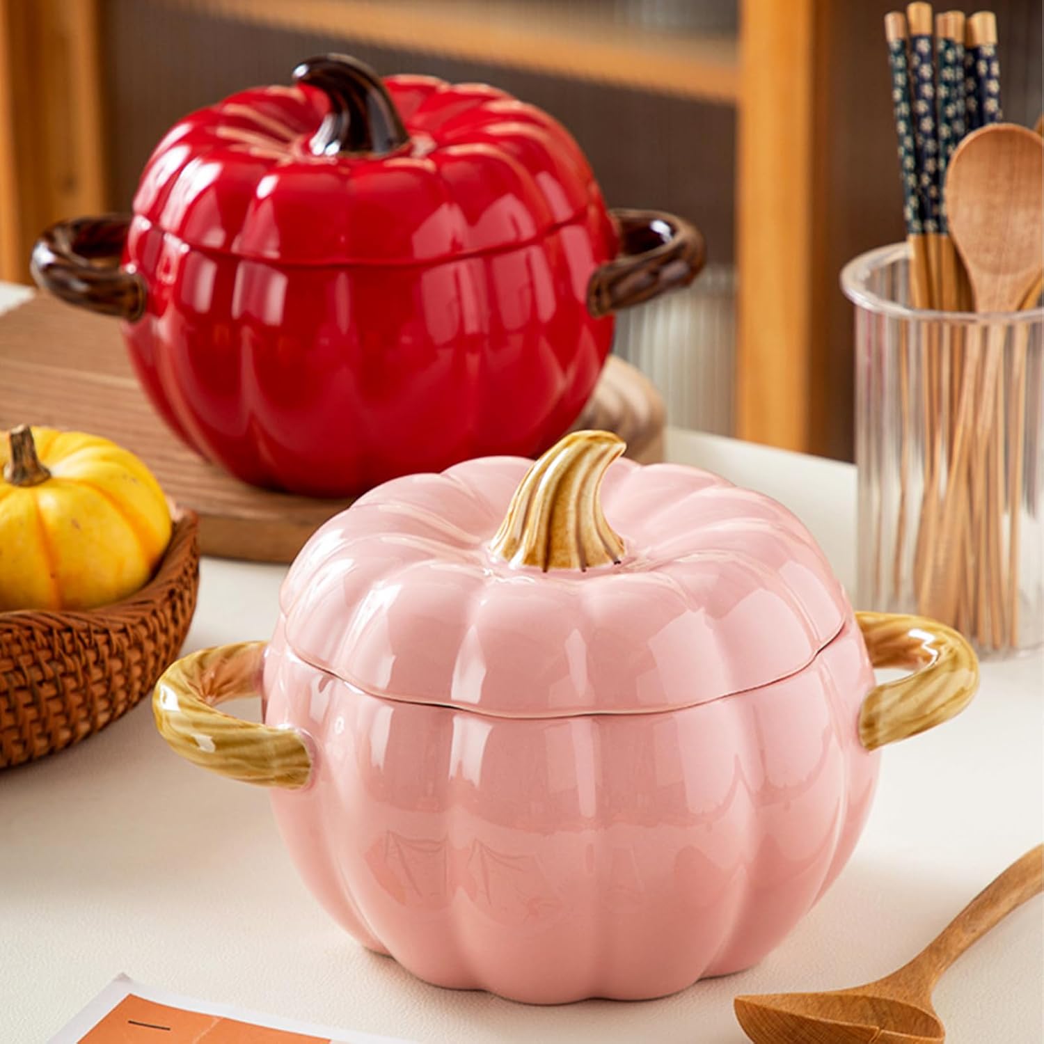 Olla de horno holandés con tapa, cacerola de postre de cerámica de calabaza, mini plato para hornear, lindo cuenco de calabaza, olla de cerámica