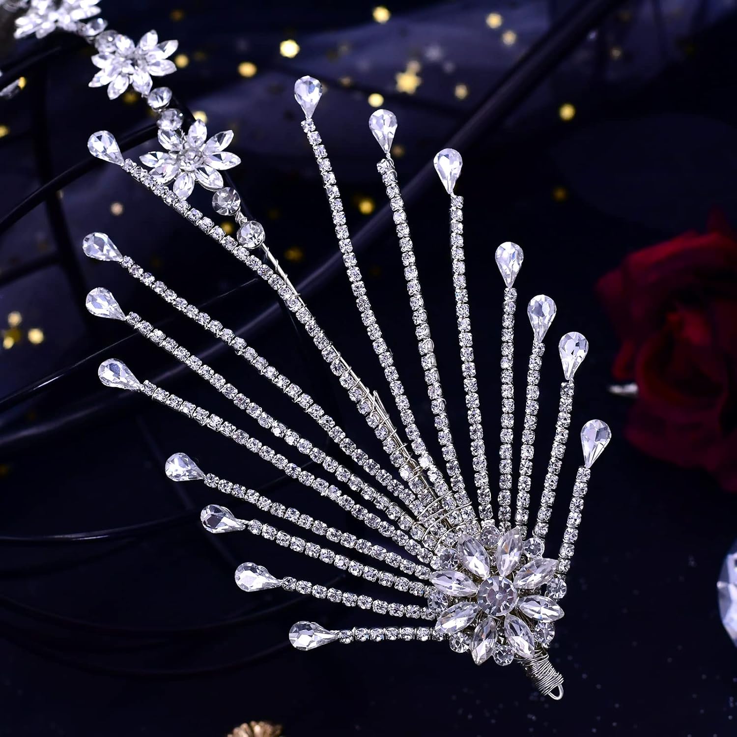 Diadema de boda con hojas de diamantes de imitación para novias, tocados plateados hechos a mano para bodas, bailes, fiestas de cumpleaños,