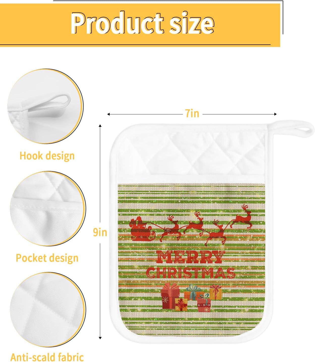 Christmas 2Pcs Pot Holders for Kitchen,Non Slip & Heat Insulation Terry Cloth Potholder Set with Pocket,Thick Hot Pad Oven Mitts Trivet Coaster for