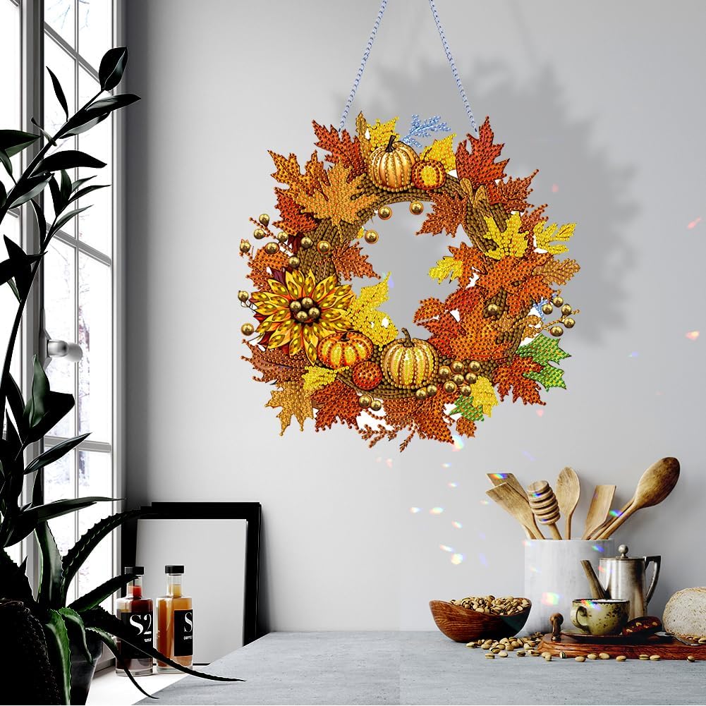 AZURAOKEY Kit de arte de diamantes de calabaza de otoño, corona colgante de corona de girasol con forma especial, kit de arte de diamantes de granja