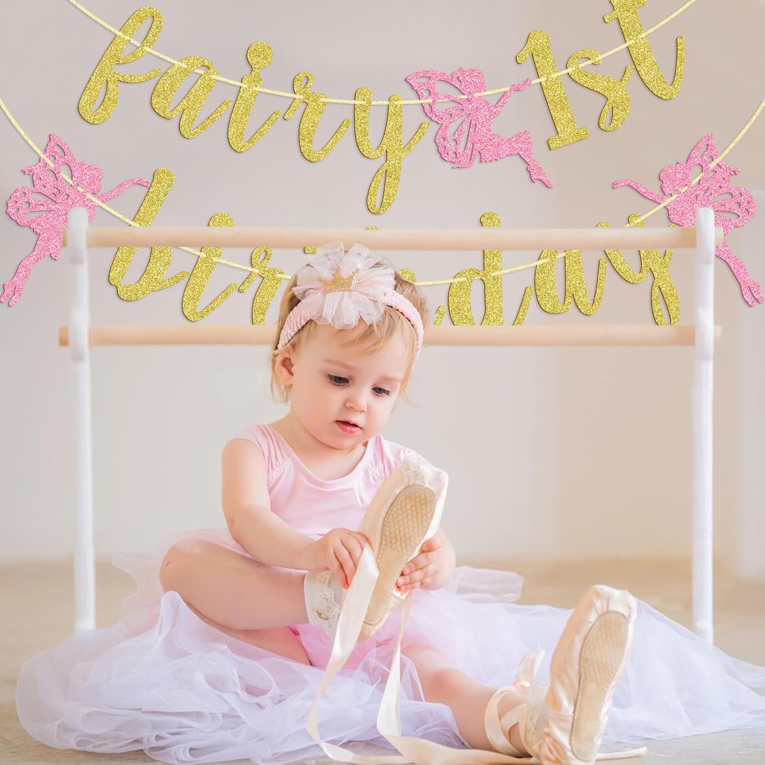 Cartel de primer cumpleaños de hada, decoración de fiesta de primer cumpleaños de hada, pancarta de primer cumpleaños para niña, decoraciones de