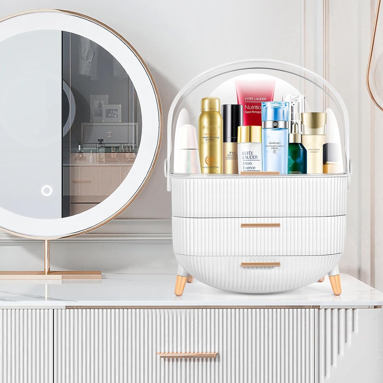 IGDMM Preppy Makeup Organizers,Skincare Organizer for College Students,Portable Cosmetic Organizer Makeup Caddy for Dorm,Bathroom,Dresser Cosmetic