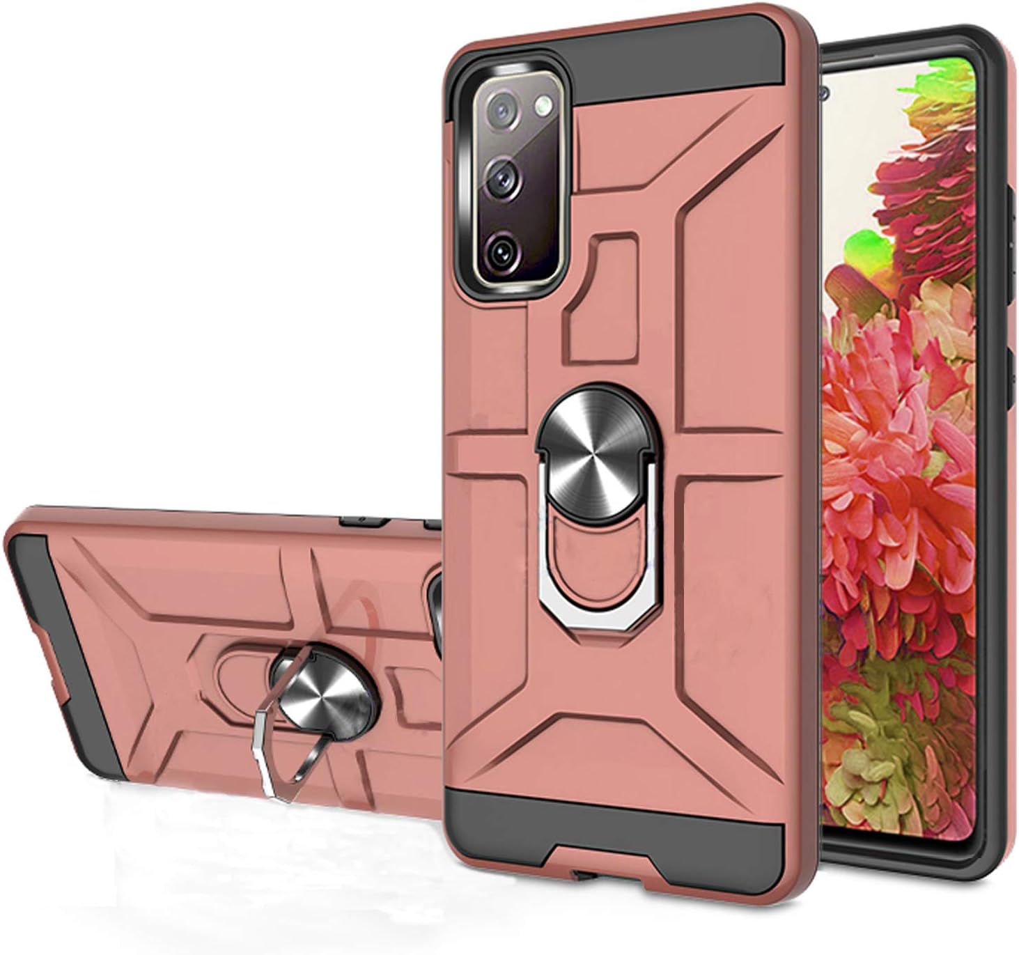 Funda para Galaxy S20 Fe, de doble capa, a prueba de golpes, con soporte de anillo giratorio de 360, adecuada para Samsung Galaxy S20 Fe (oro rosa)