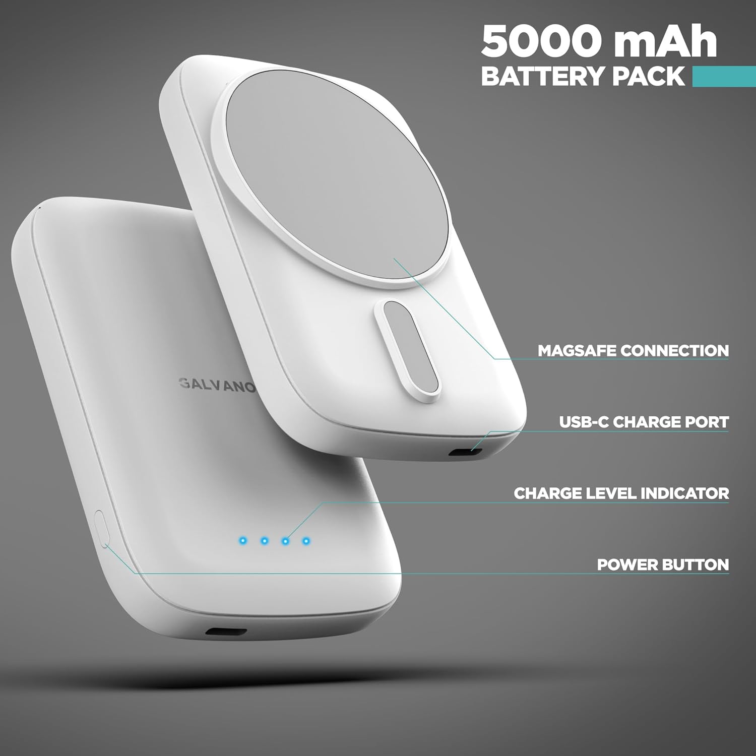 GALVANOX MAG 5.0 Baterías magnéticas (paquete de 2) compatibles con MagSafe para iPhone 5000 mAh Cargador de batería portátil inalámbrico USB-C de