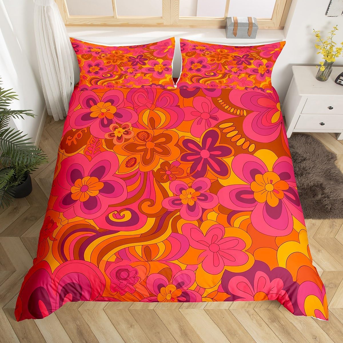 Juego de ropa de cama con estampado floral retro hippie para niños, adolescentes, funda de edredón con estampado floral bohemio vintage de los años