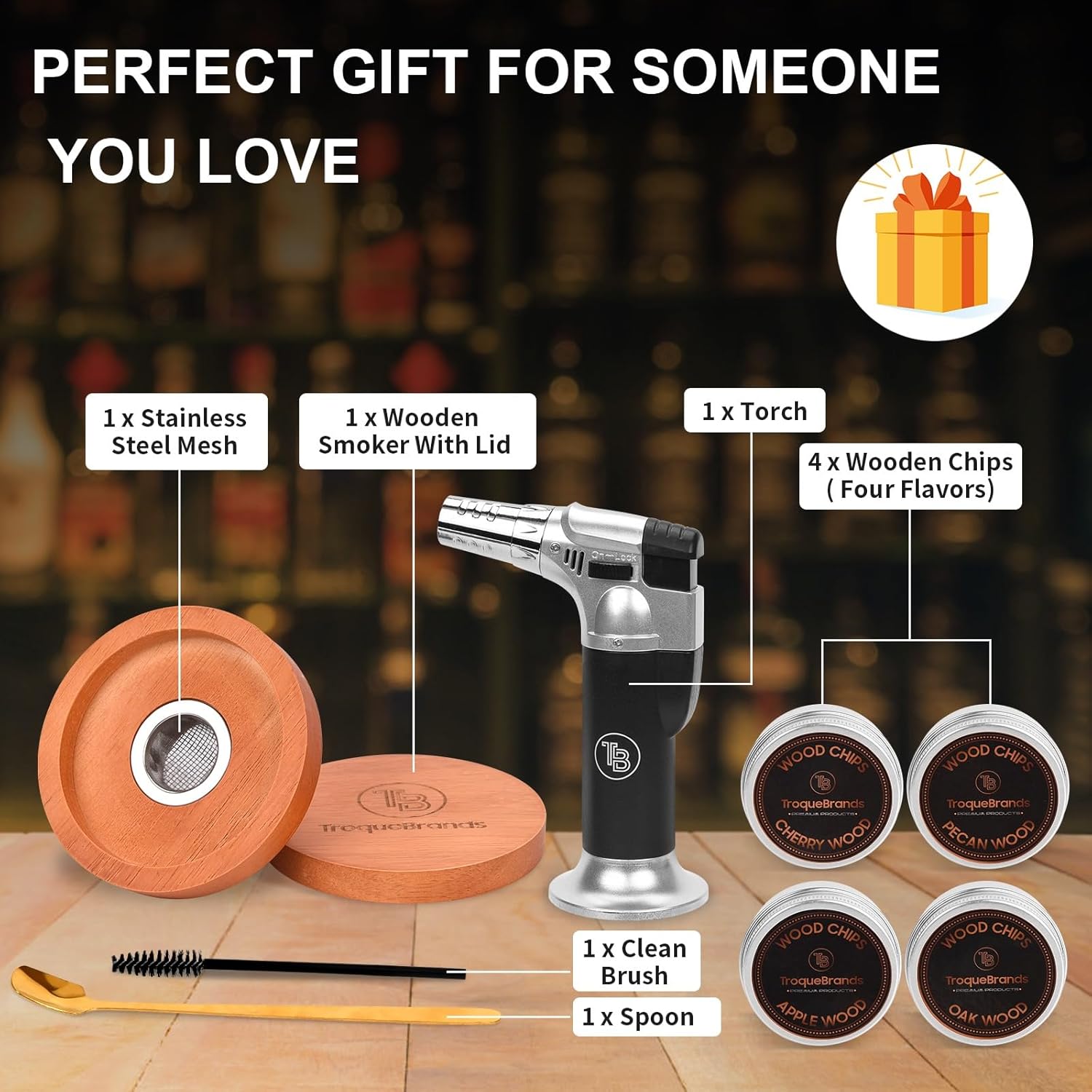 Troque Brands – Kit de ahumador de cóctel con virutas de madera de 4 sabores, gran regalo para los amantes del whisky, kit de cóctel para fumar,