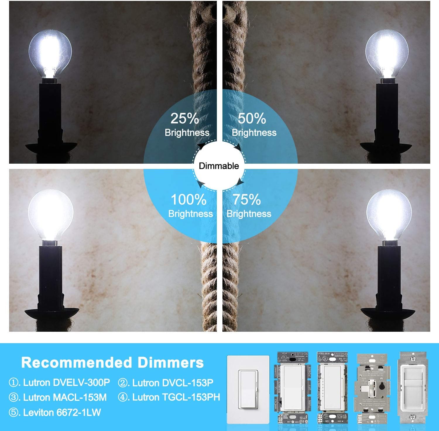 CRLight Bombilla LED regulable de 6 W, 5000 K, luz blanca diurna, equivalente a 650 W, 650 lúmenes, E12, vintage, Edison G16, bombillas de cristal