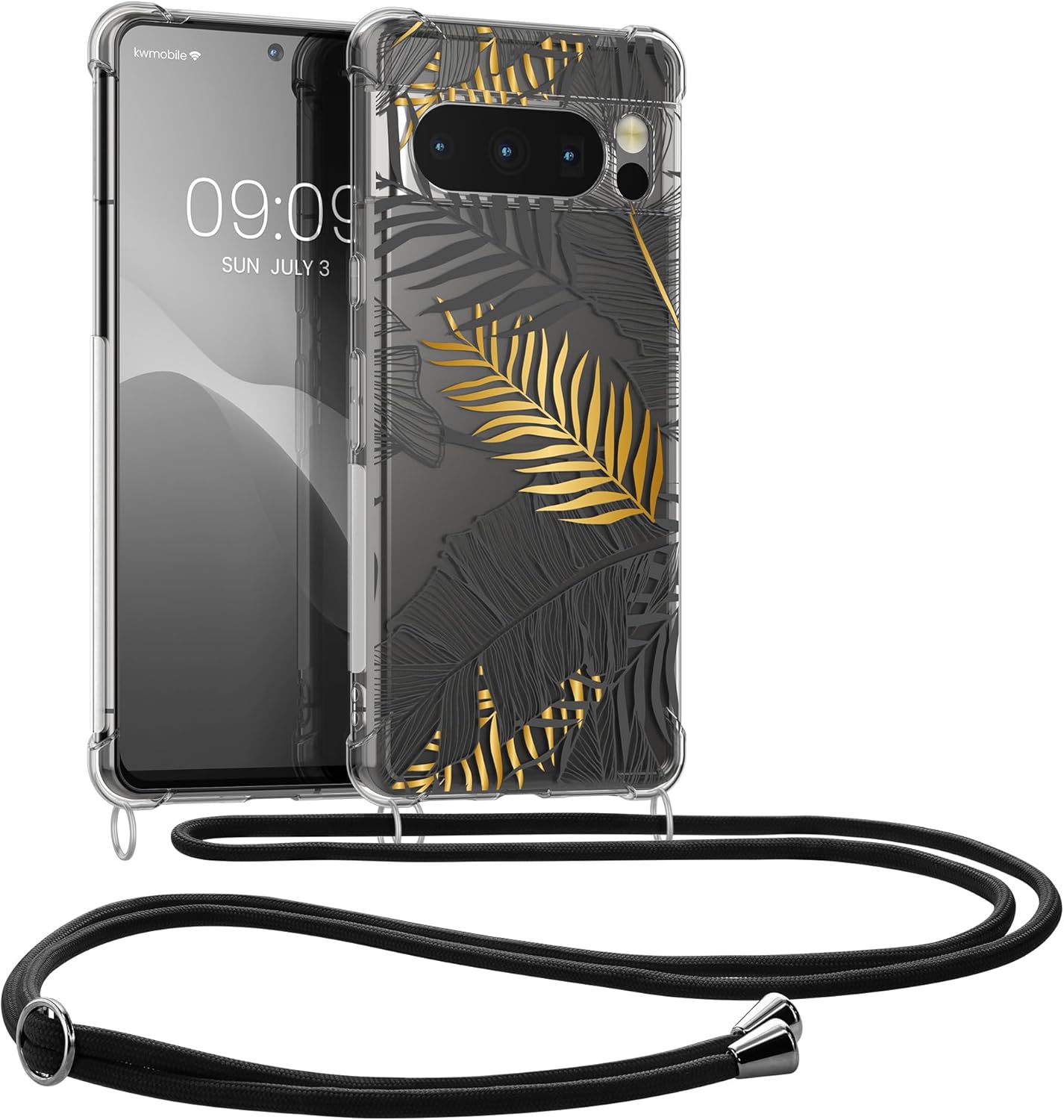 kwmobile Funda cruzada compatible con Google Pixel 8 Pro, diseño de hojas de palmera, color amarillogristransparente