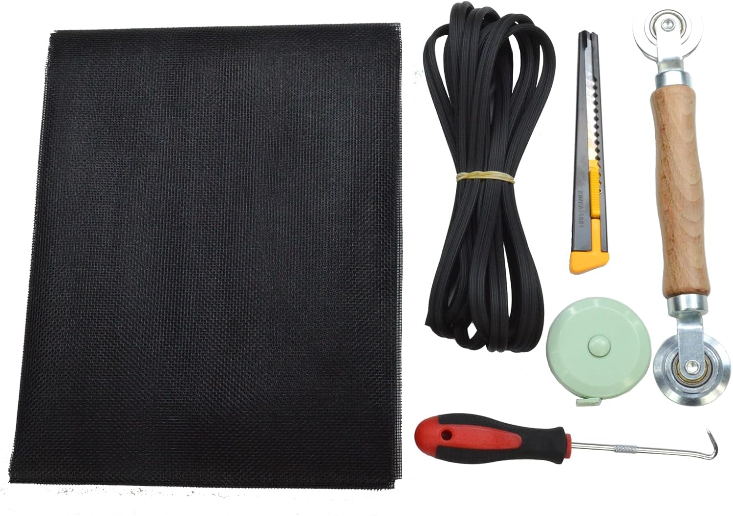 Kit de reparación de malla ajustable de fibra de vidrio negro de 39 x 59 pulgadas con estrías de 20 pies y rodillos de repuesto para patio, porche,