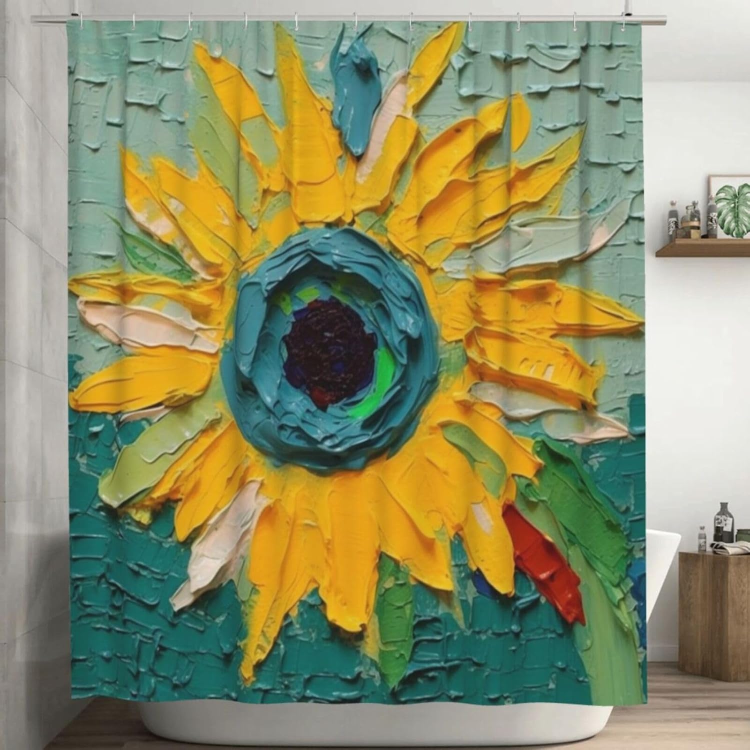 YLATY2405 – Cortina de ducha de girasol para baño, pintura al óleo, hojas verdes, flores, bohemio, tela amarilla abstracta, moderna, impermeable,