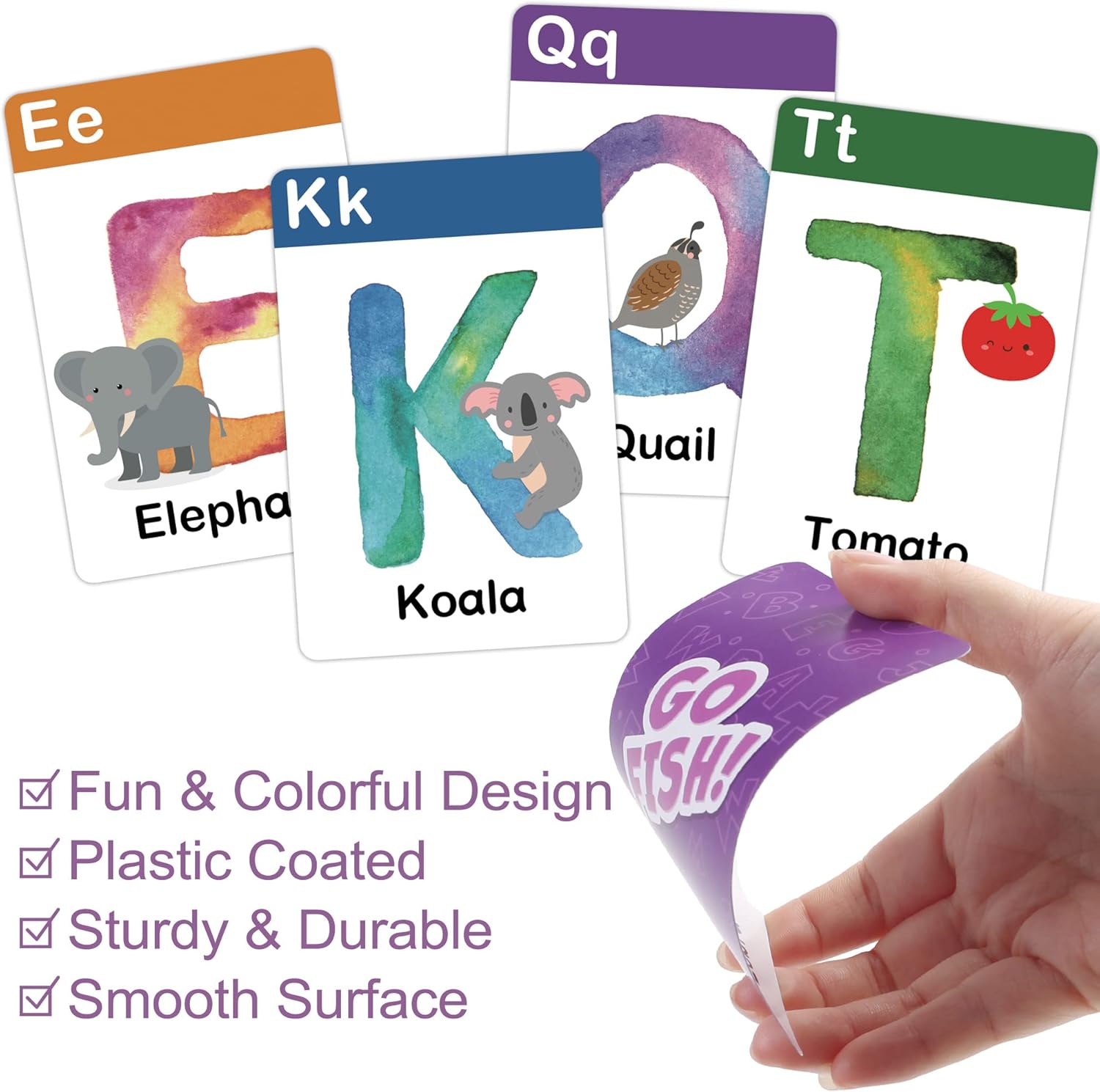BenBen Juego de cartas Alphabet Go Fish para niños, 104 cartas, cartas de aprendizaje ABC de gran tamaño, juegos de memoria a juego, 2 a 8