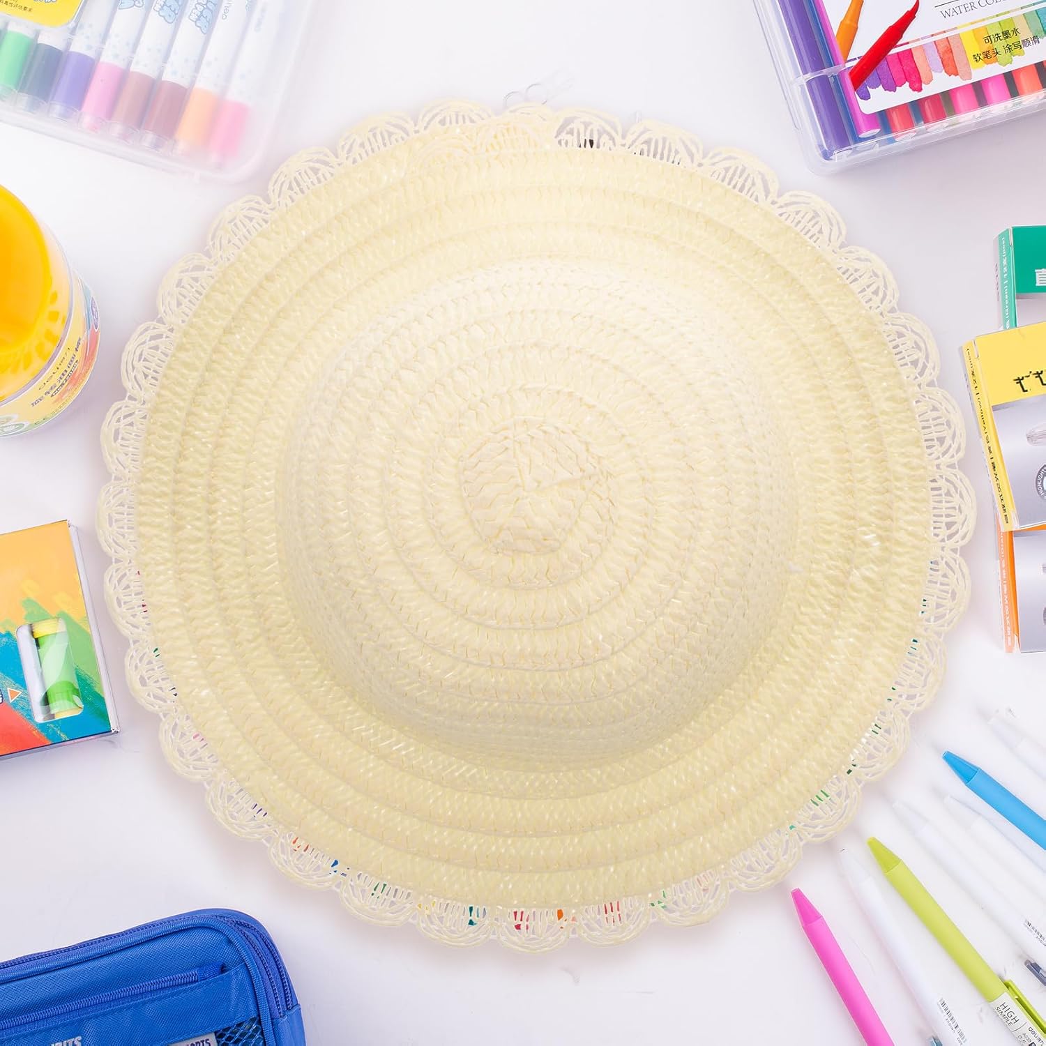 Gadpiparty 16 piezas DIY sombrero de paja juguetes niña sombreros de paja lisos para niños Suite hecho a sí mismo hierba natural niña niño blanco