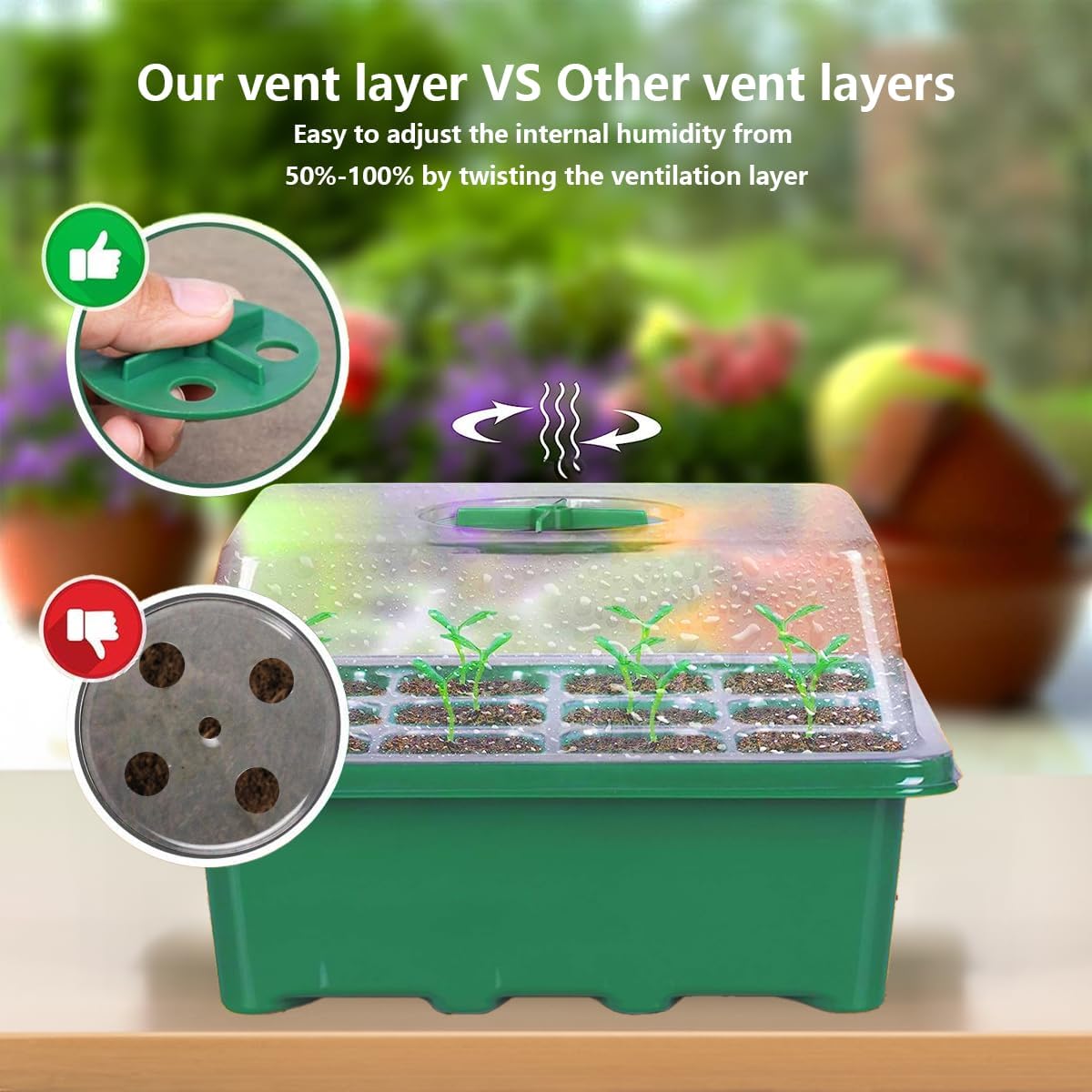 Bandejas iniciales de semillas, 12 celdas x 10 paquetes de humedad ajustable para plantas con cúpula y base para invernadero y jardines (bandeja de