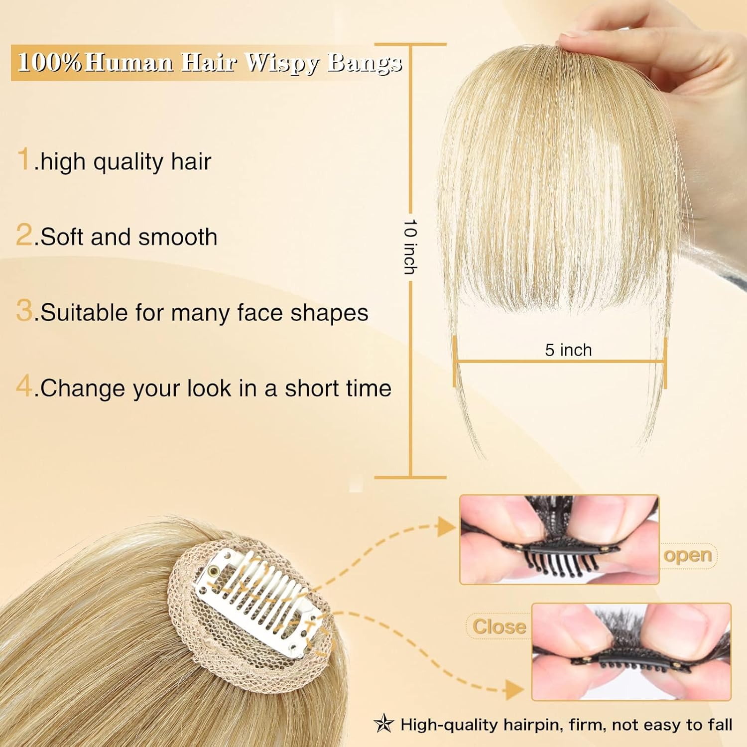 AISI QUEENS Flequillo con clip, extensiones de cabello humano real, flequillo falso con fleco de sienes para mujer, flequillo plano y curvado para