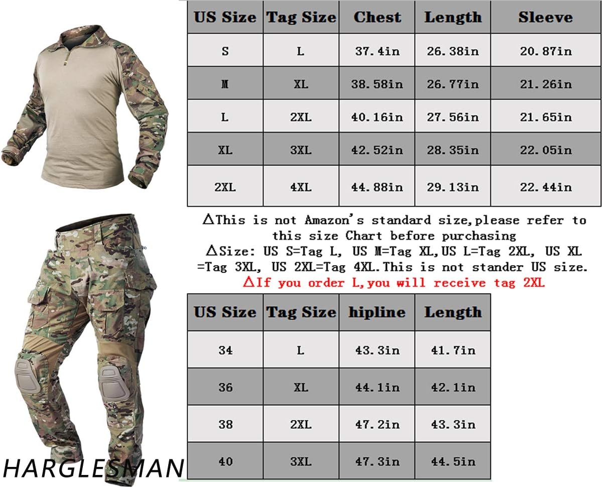 HARGLESMAN Trajes militares tácticos para hombre, manga larga, uniformes Amry, camisa y pantalones de combate con rodilleras