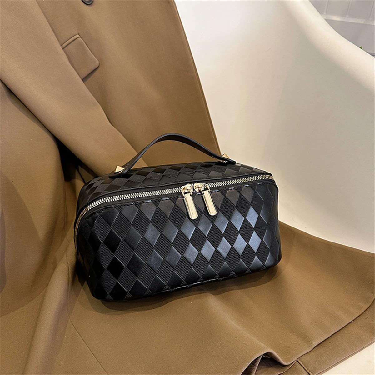 Bolsa de maquillaje de viaje, bolsa de maquillaje de gran apertura, bolsa de maquillaje portátil que se abre plana para un fácil acceso, bolsa de