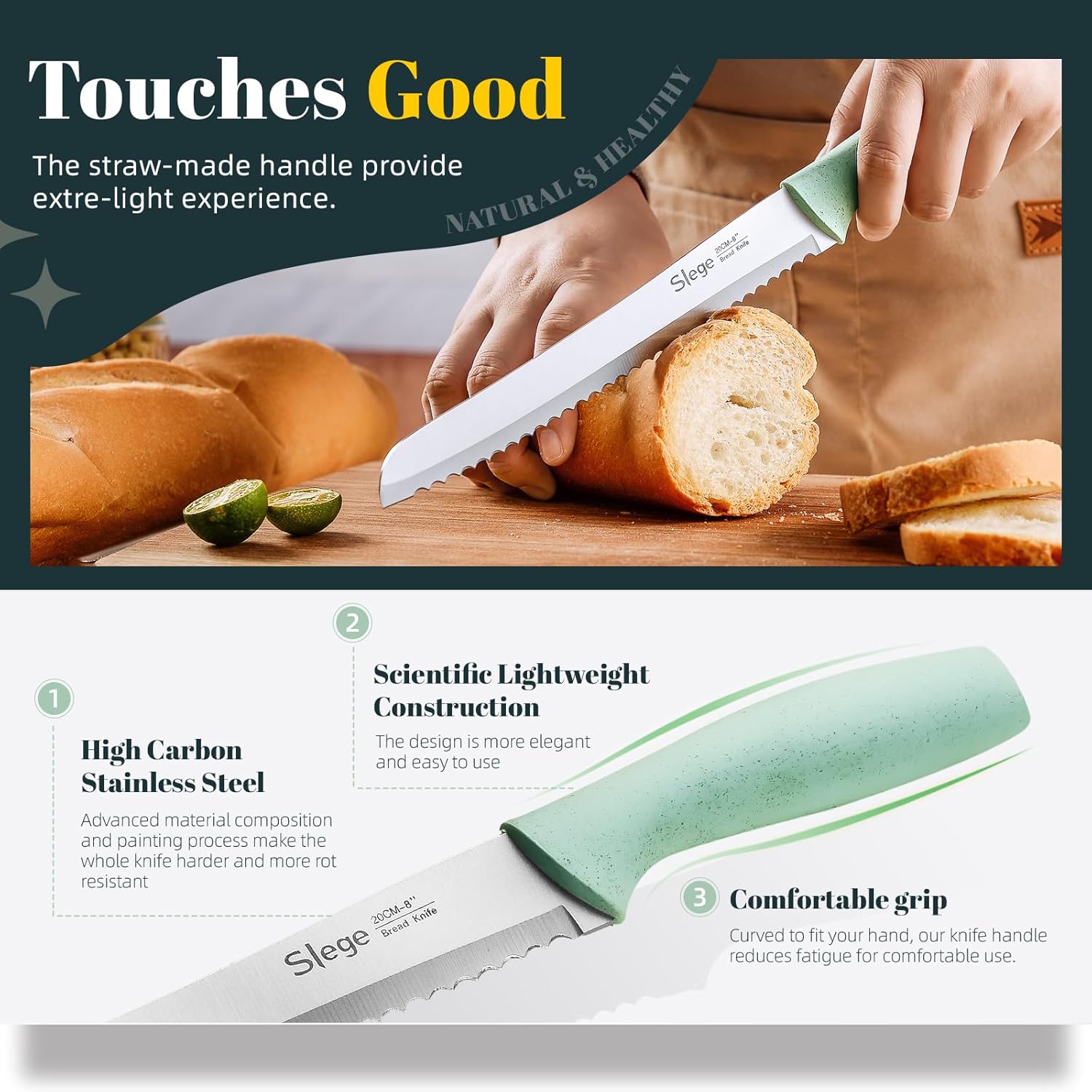 Slege Juego de cuchillos de cocina de 15 piezas con bloque, afilador y tijera, cuchillos de acero inoxidable con mango de paja extremadamente ligero