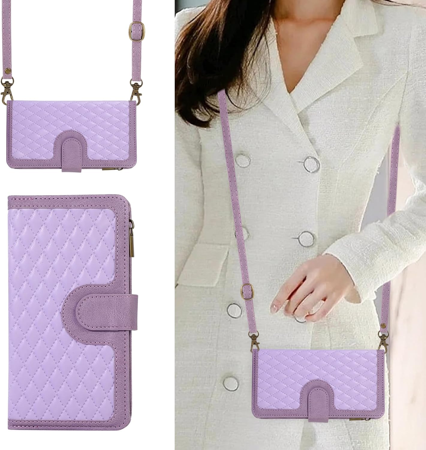 Asuwish Funda compatible con iPhone 15 Pro de 6.1 pulgadas, protector de pantalla, correa de muñeca cruzada, tarjetero con cremallera, funda para