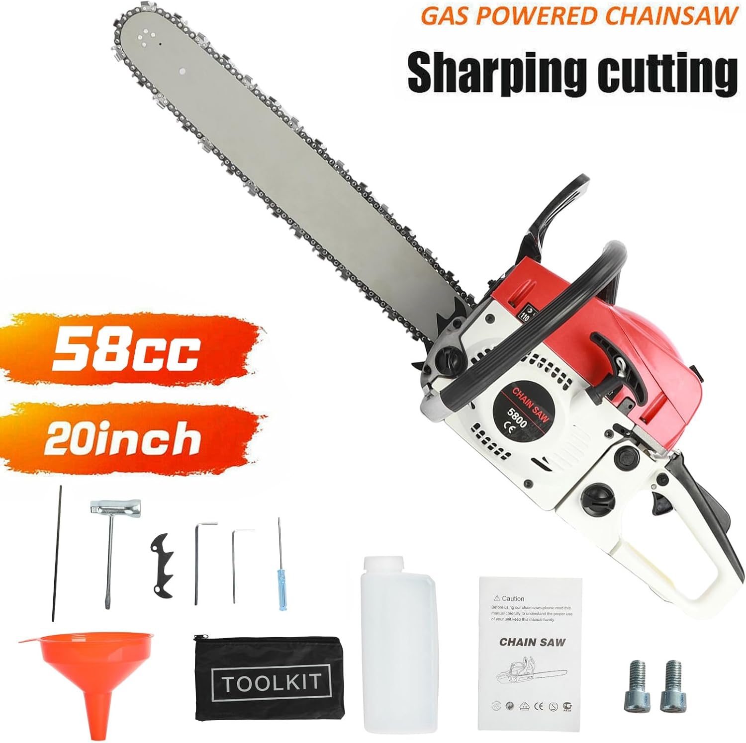 58CC Gas-Powered-Chainsaw, 20 Inch Gas Chain Saw, 2-Cycle-Gasoline Handheld Cordless Petrol Chain Saws for Trees Wood Cutting 20Inch