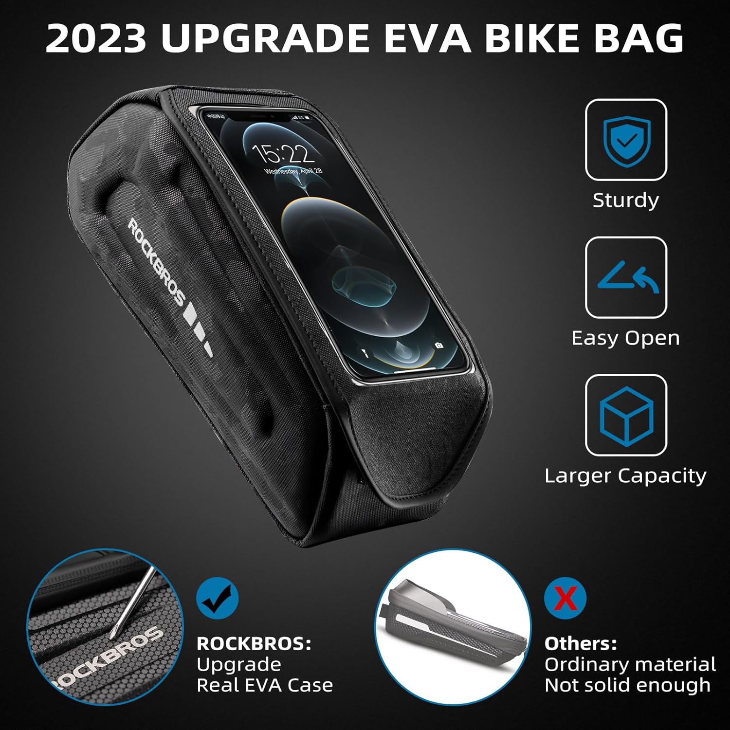 ROCKBROS Bolsa de bicicleta para teléfono, bolsa de accesorios de bicicleta, bolsa de EVA impermeable para teléfono para bicicleta, tubo superior,