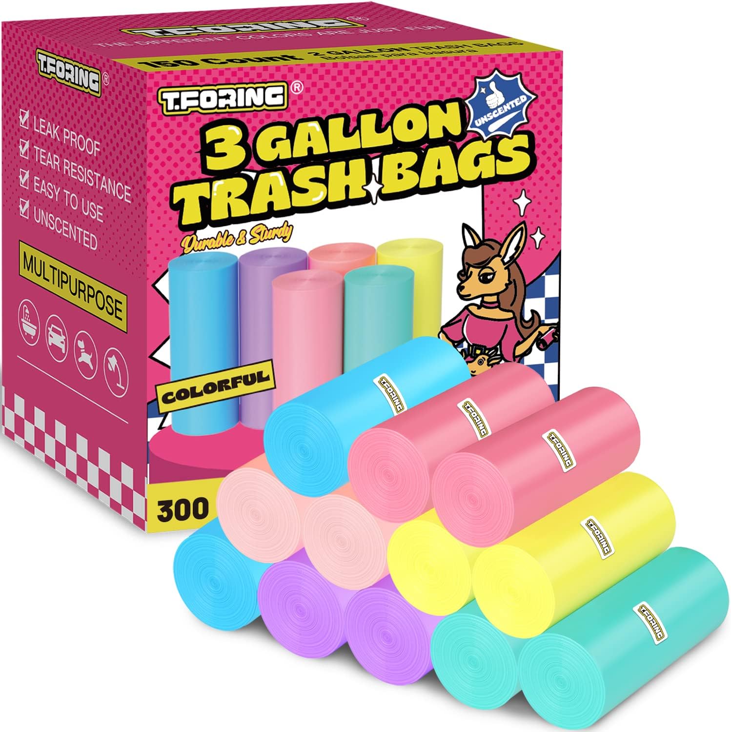 T.FORING Bolsas de basura de 1 a 3 galones  300 bolsas de basura pequeñas sin perfume para baño, dormitorio, oficina y automóvil, colorido, fuerte y