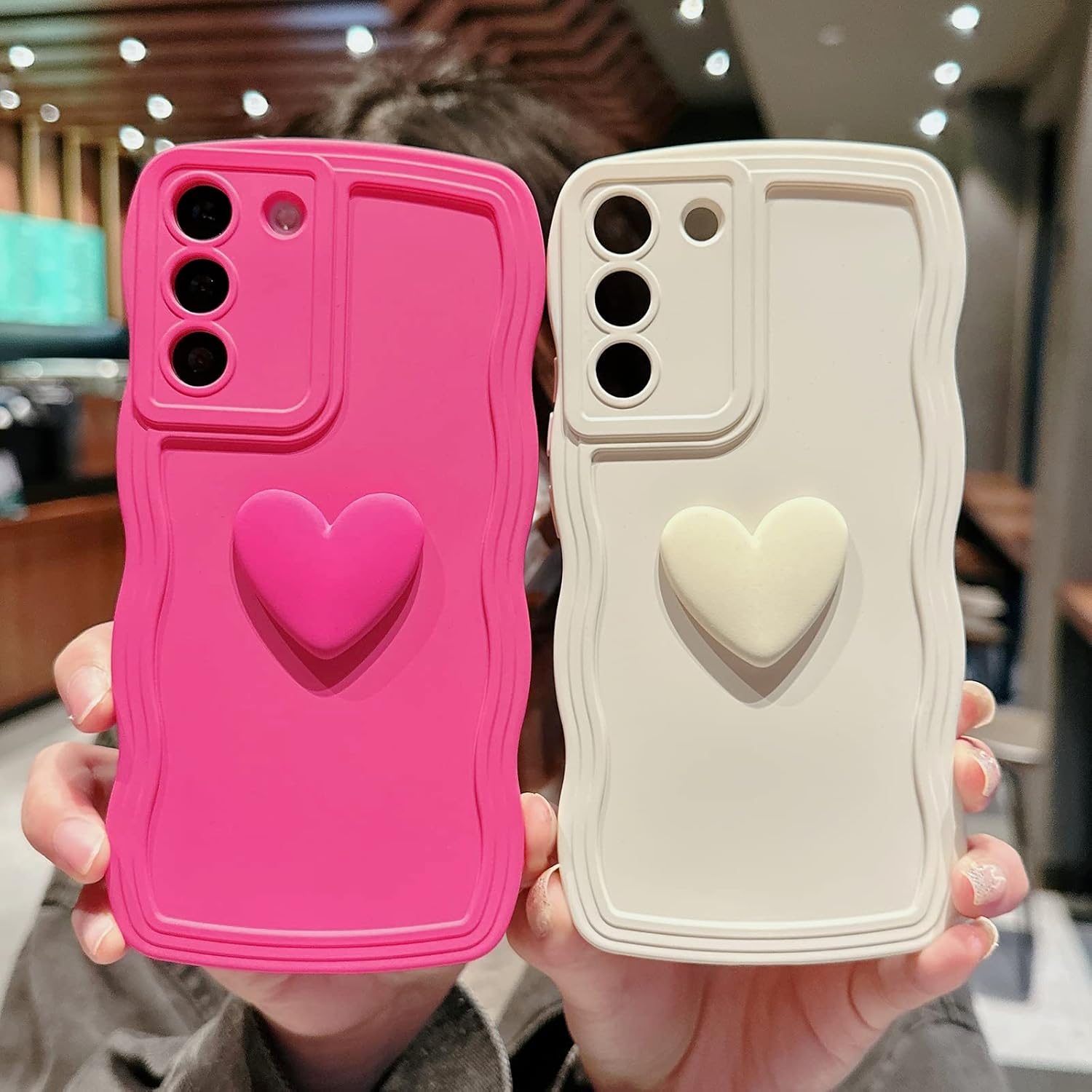 LYQZDT Funda compatible con Samsung Galaxy S22, bonita funda 3D de color sólido con forma de corazón de amor, marco de onda rizada, a prueba de