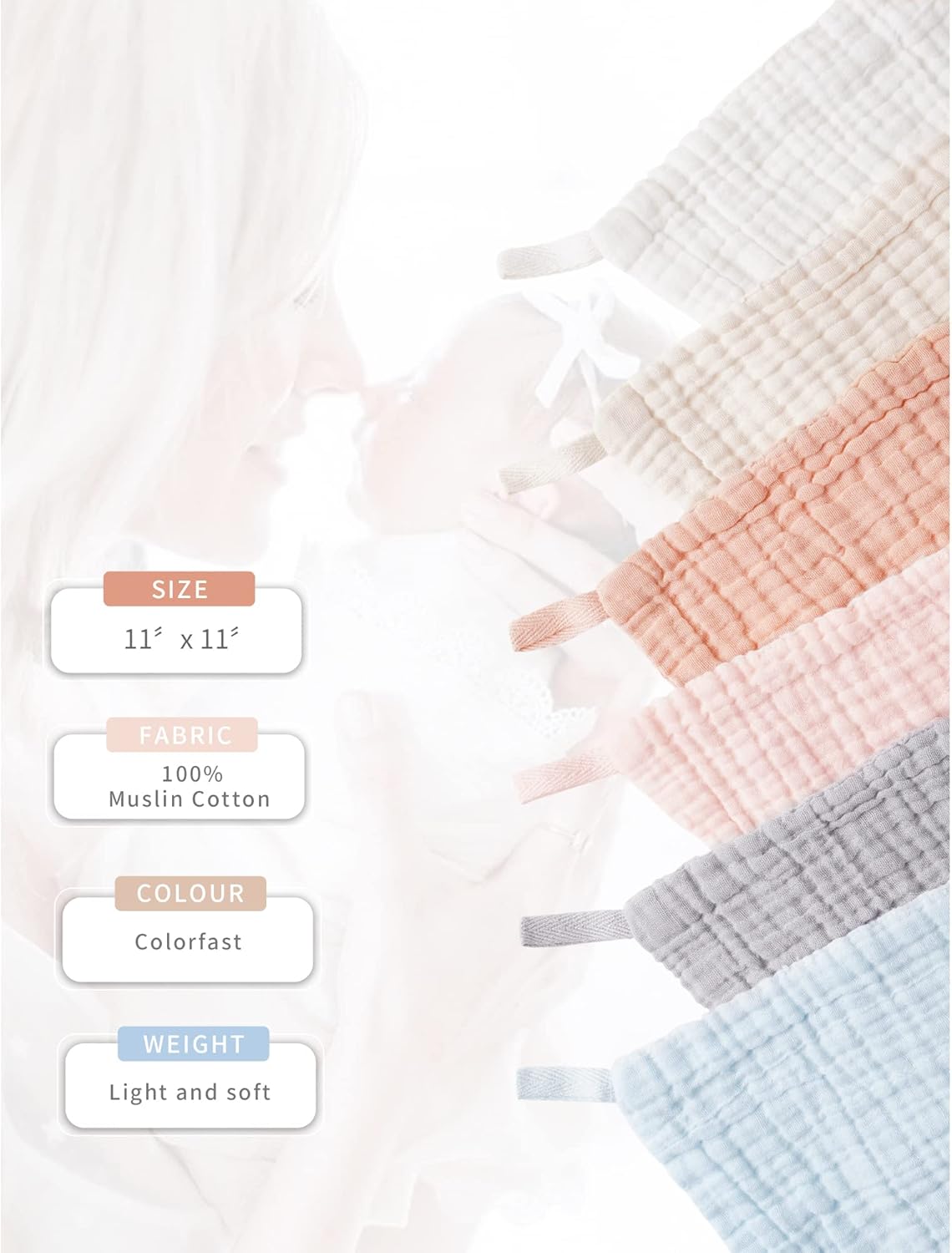 Konssy Paquete de 6 paños de muselina para bebé, unisex, 100% algodón, para la cara del bebé, cuerpo cómodo y suave para recién nacidos, niños y