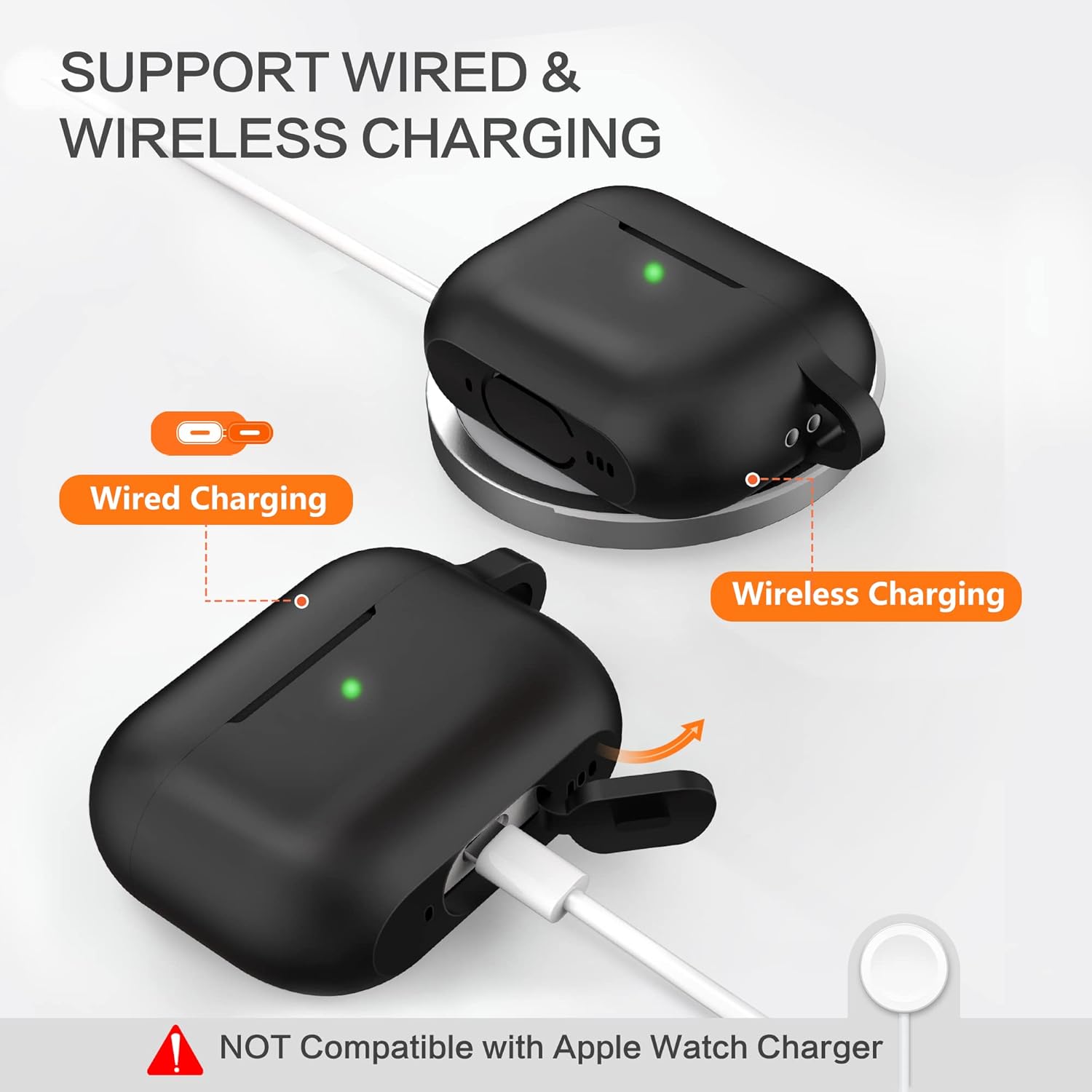 Funda para AirPods Pro de 2 generación 2022 de silicona con cordón y llavero carga inalámbrica y LED frontal visible (negro)