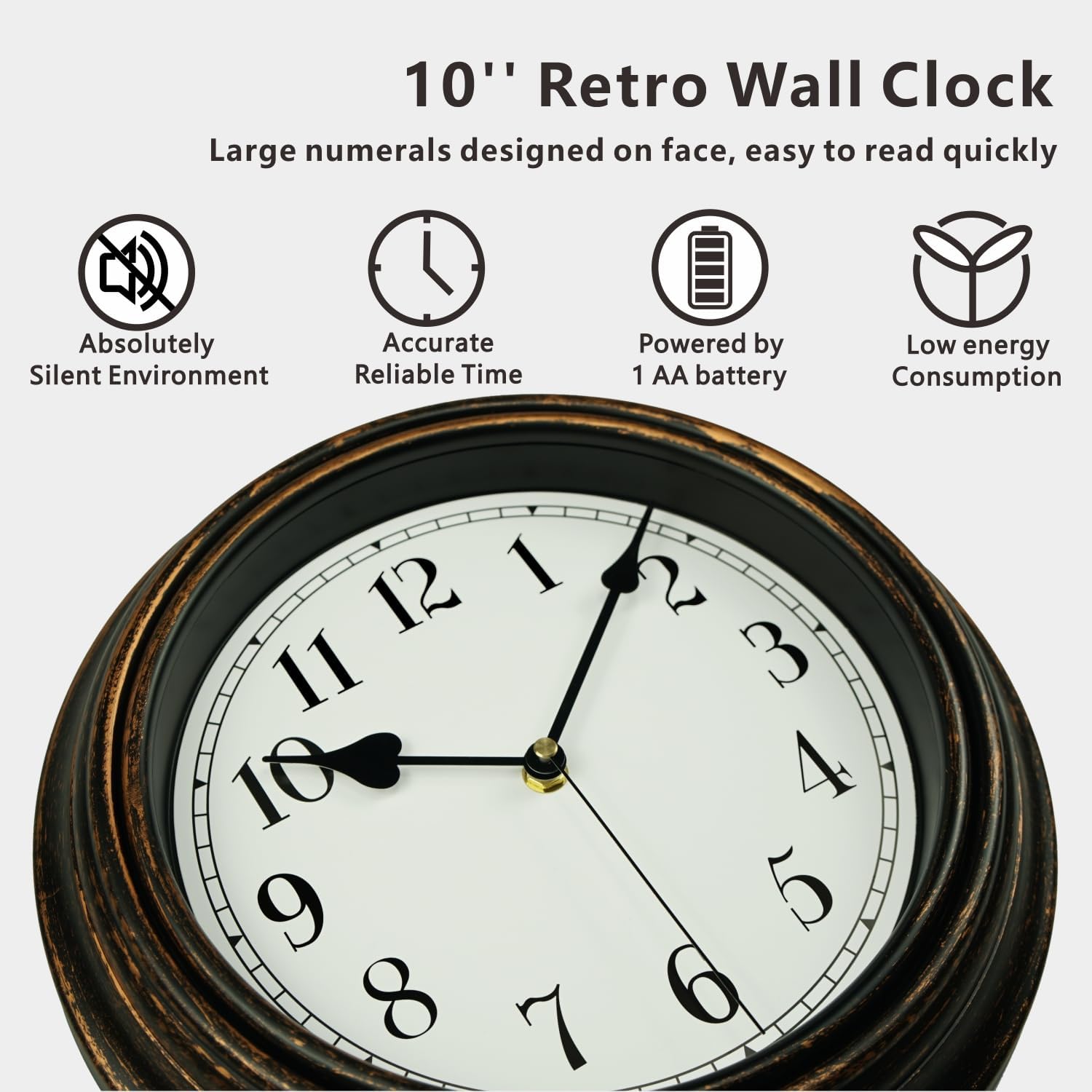 Reloj de pared retro, reloj clásico vintage silencioso sin tictac de 10 pulgadas, fácil de leer, reloj de cuarzo de calidad que funciona con pilas,