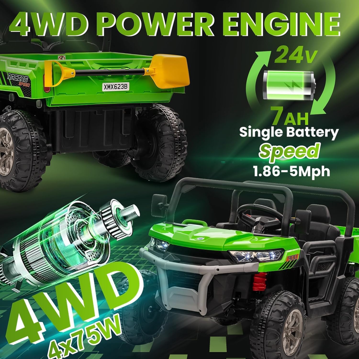 Camión volquete de 24 V 4WD 6×6 para niños con cama volquete eléctrica, auto de juguetes UTV alimentado por batería de 2 plazas con control remoto