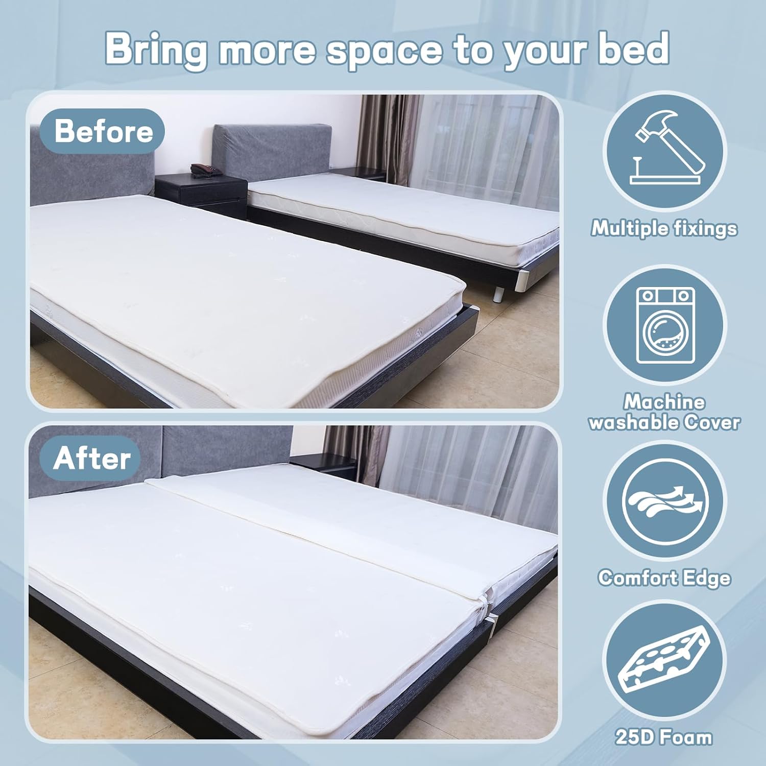 Siumir Kit de convertidor de cama individual a King, puente de cama extra ancho de 12 pulgadas, funda desmontable y lavable a máquinamúltiples
