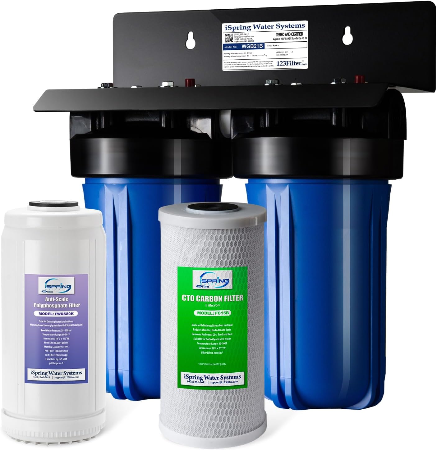 iSpring WGB21B-DS – Sistema de filtración de agua de 2 etapas para toda la casa, con filtro CTO de sedimentos de 10 x 4.5 pulgadas (cloro, sabor y