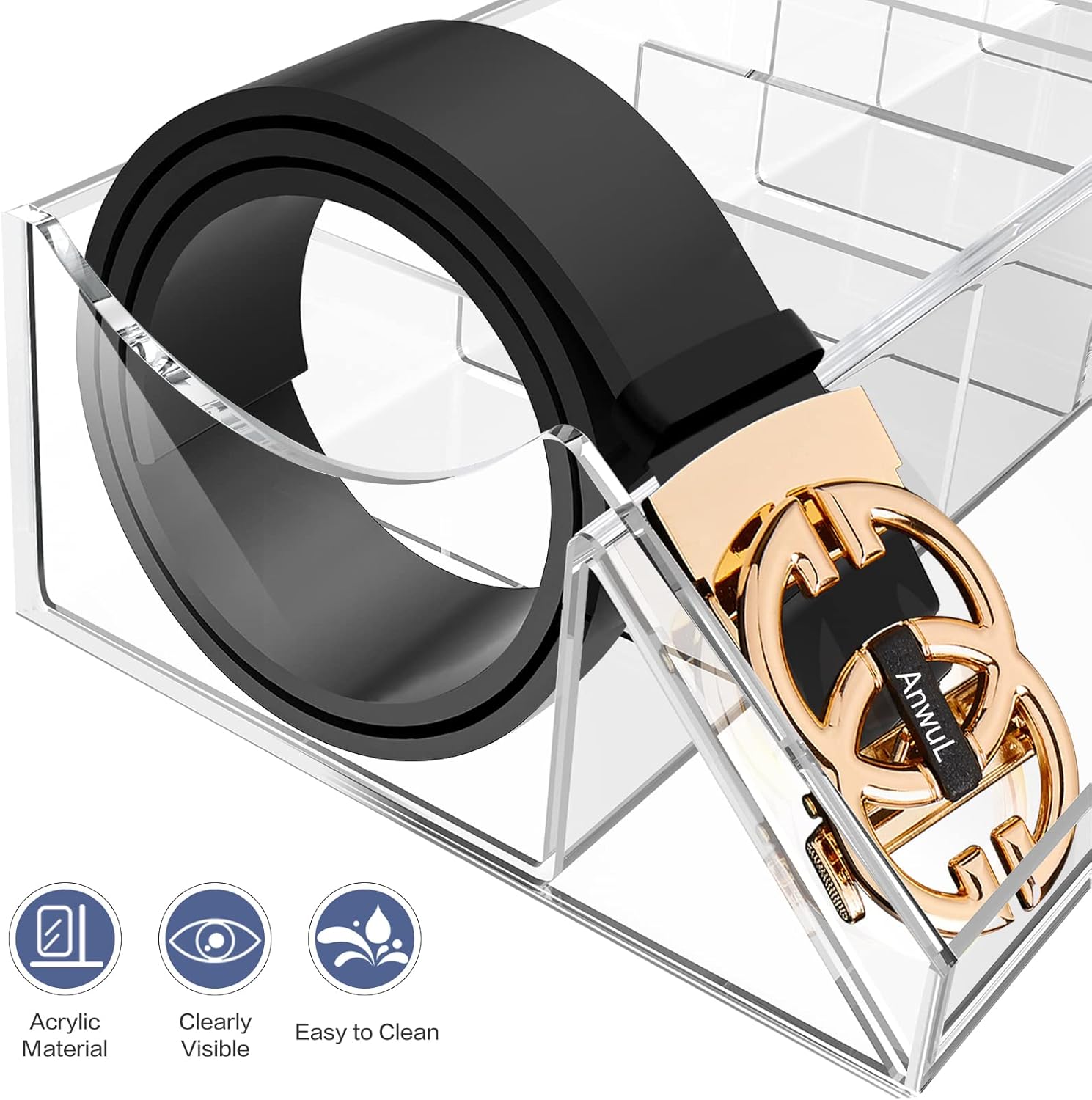 Acrylic Belt Organizer, FODIENS 7 Compartments Belt Storage Holder for Closet Drawer, Clear Belt Box Container Display Case with Display Stand for