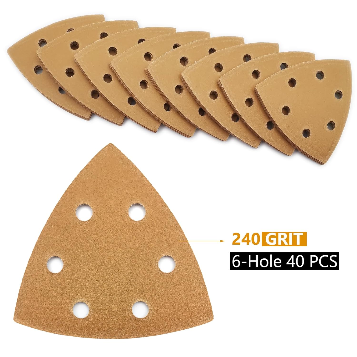 Papel de lija triangular, juego de 40 piezas de papel de arena oscilante con gancho y bucle, 6 agujeros, lijadora de grano 240 para pulir madera