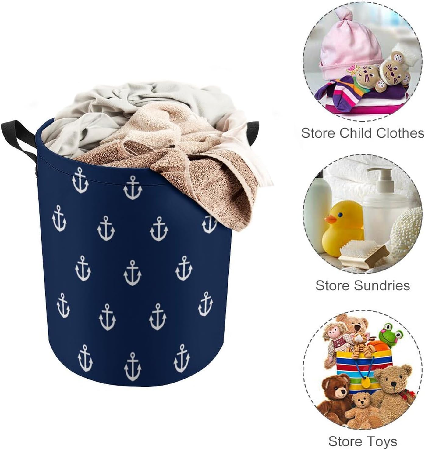 Cesta de lavandería grande, patrón de ancla blanca en azul marino, náutico, impermeable, plegable, para ropa sucia, para dormitorio universitario,