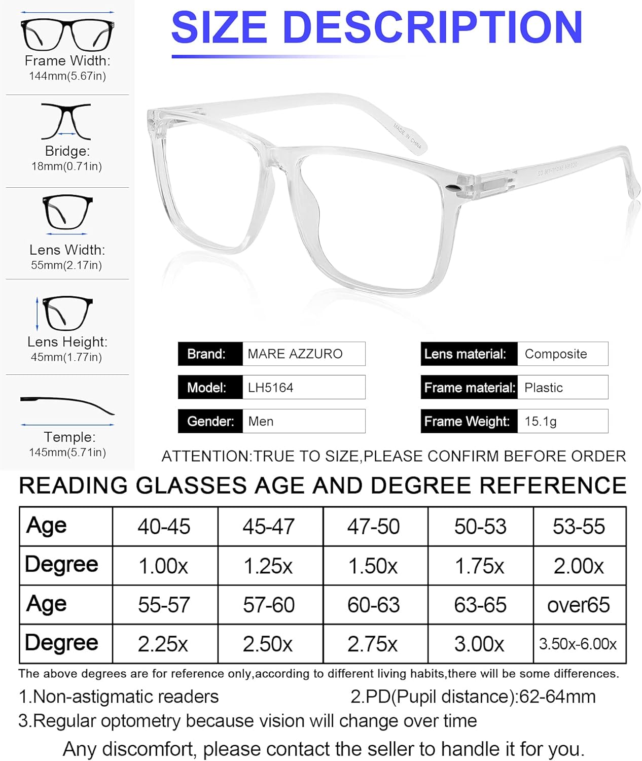 MARE AZZURO Gafas de lectura de gran tamaño para hombres de moda grandes lectores cuadrados 1.0 1.25 1.5 1.75 2.0 2.25 2.5 2.75 3.0 3.5 4.0 5.0 6.0