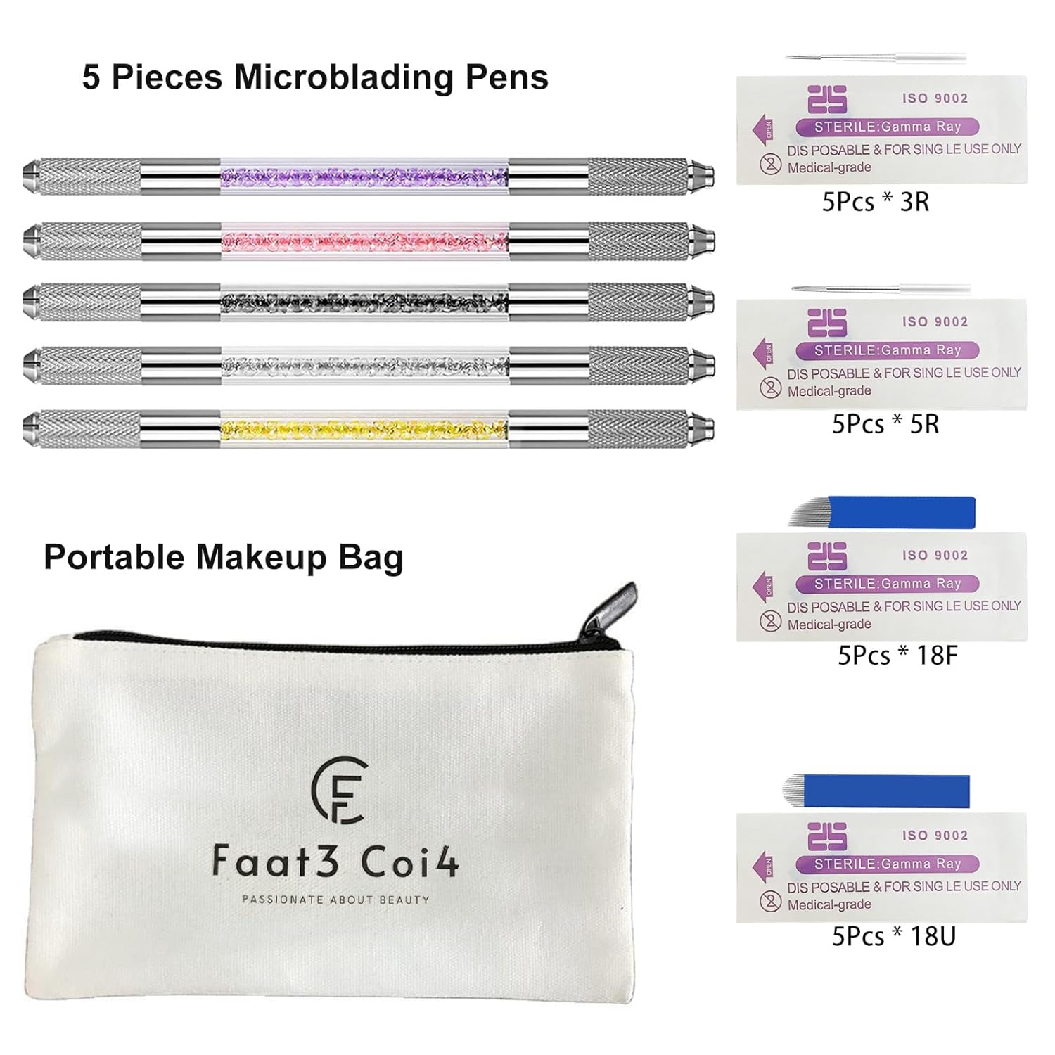 Faat3 Coi4 Bolígrafo Microblading, suministros de microblading de doble cara, 5 unidades, mango de microhoja con cuchillas de microblading
