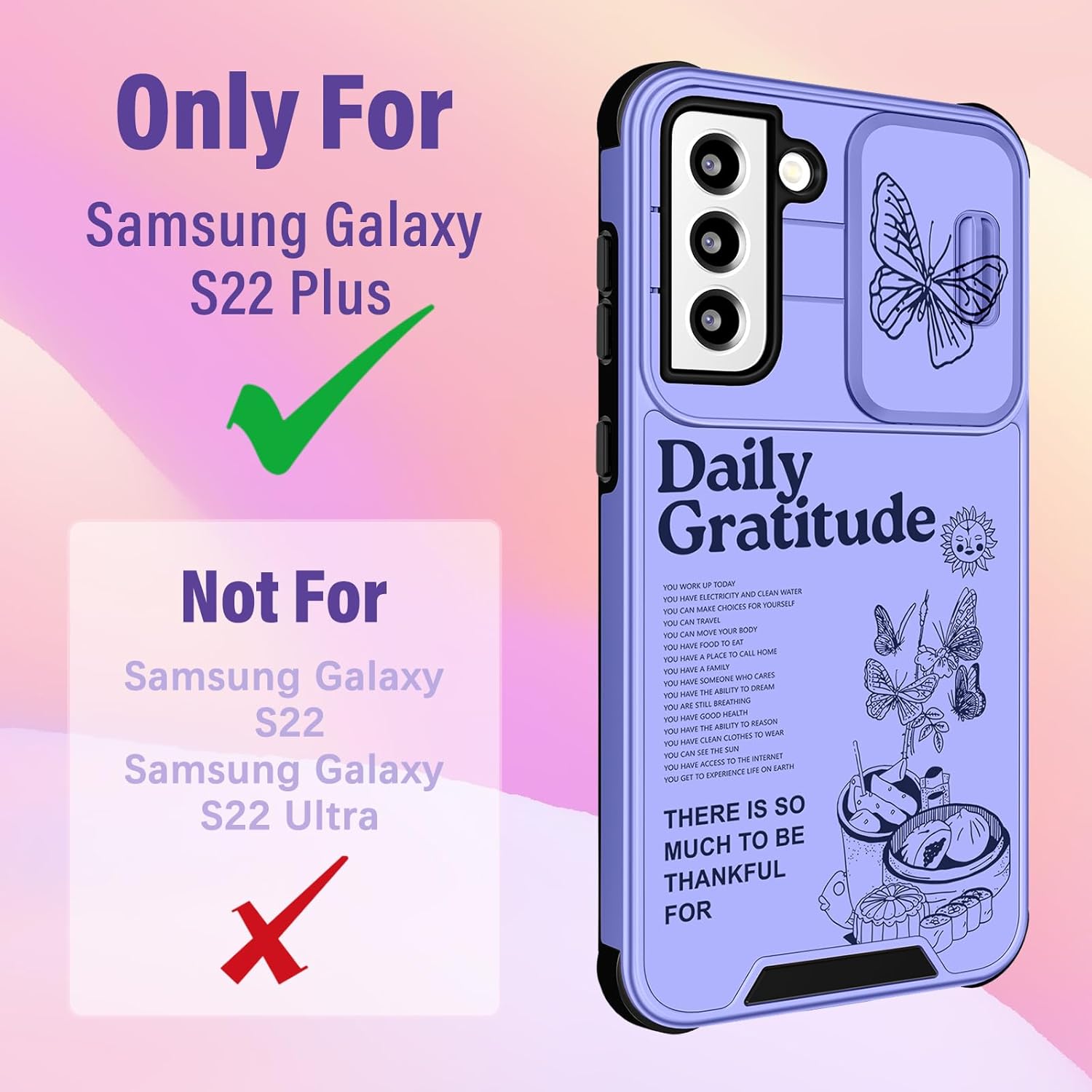 Funda 2 en 1 para Samsung Galaxy S22 Plus para mujeres, bonita funda de mariposa femenina con diseño único de mariposa morada con funda para cámara