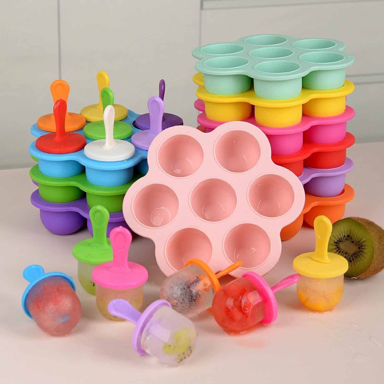 Moldes de silicona para paletas, mini molde de 7 cavidades para hacer paletas de hielo con palos coloridos y protectores de goteo, contenedor de