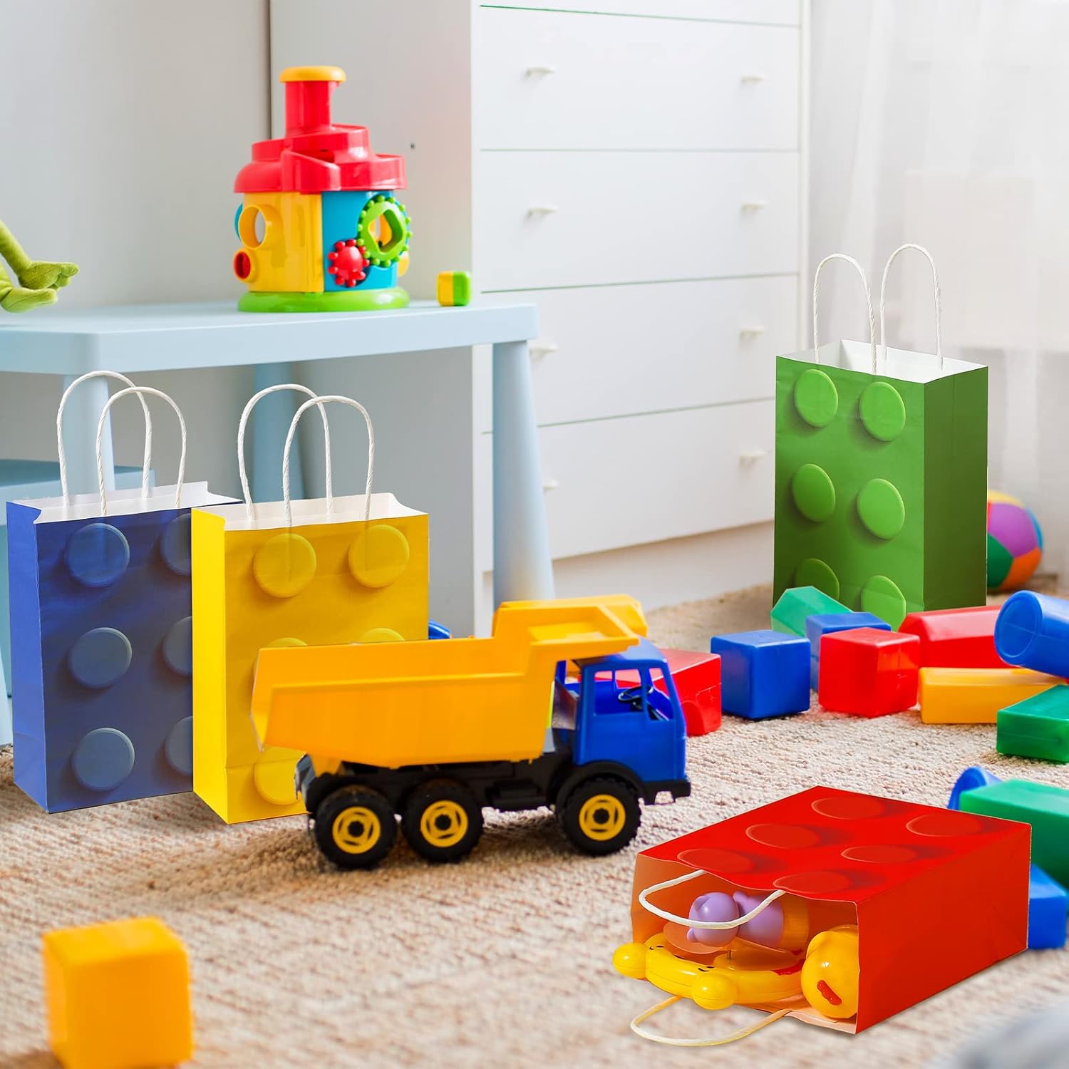 Bolsas de regalo de fiesta de bloques de construcción, bolsas de papel de dulces de ladrillos, bolsas de regalo con asa para bloques de