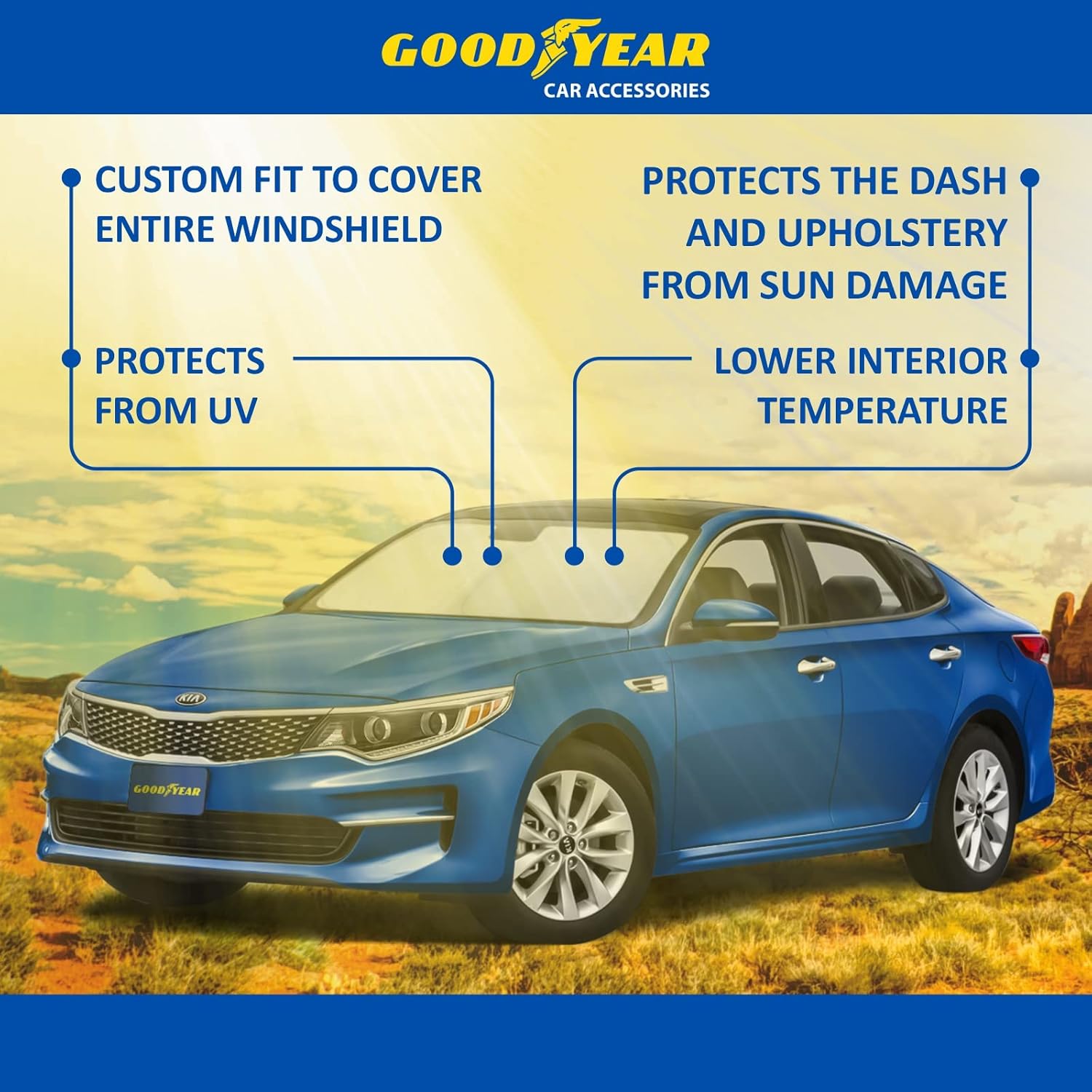 Goodyear GY008233 – Parasol plegable para parabrisas de automóvil, ajuste personalizado, protección UV, protector solar del vehículo, parasol para