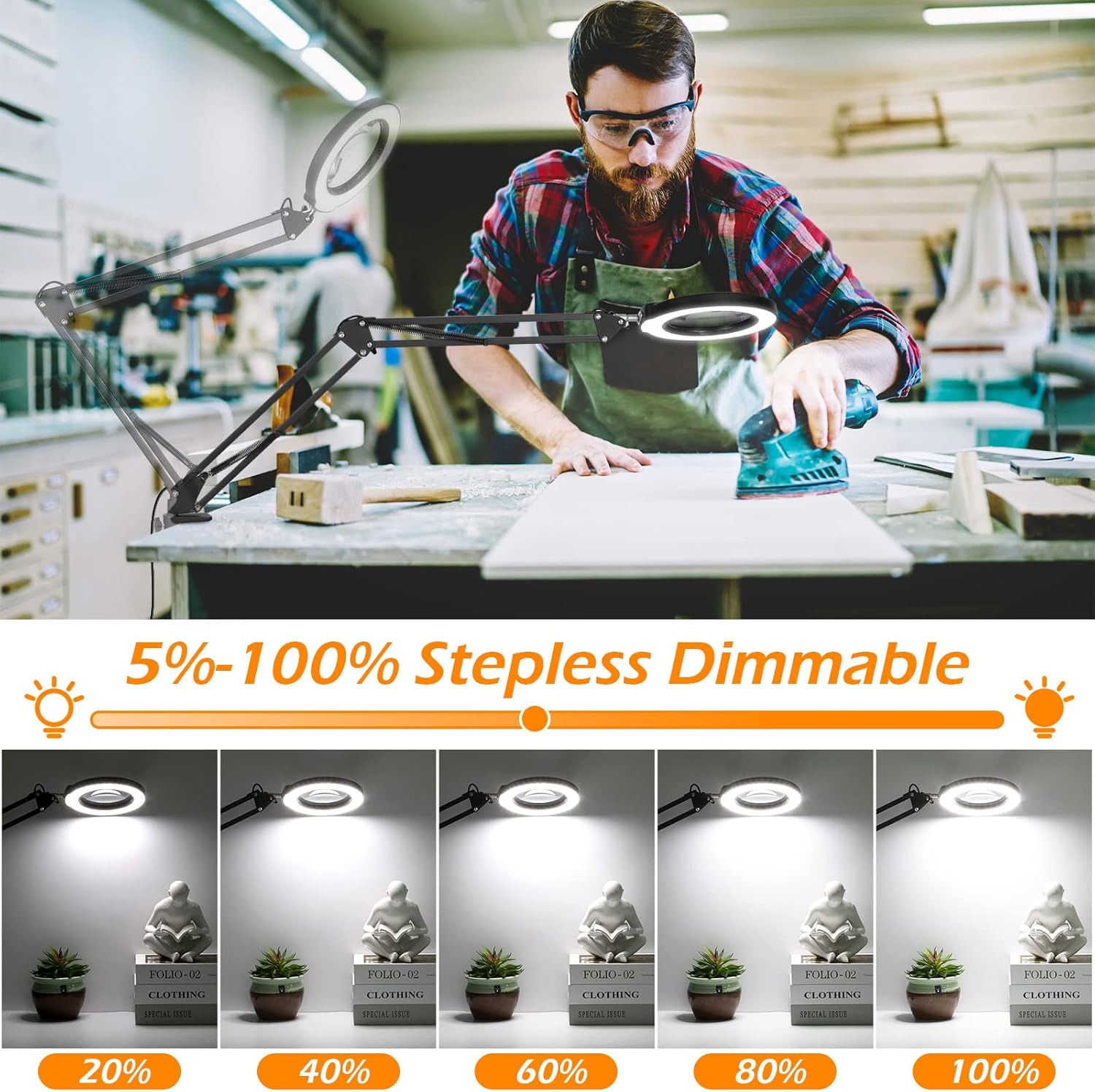 Krstlv – Lupa 8X con luz y soporte, LED 4 en 1, 5 modos de color, lámpara de pie regulable sin escalones, lámpara de pie con brazo oscilante