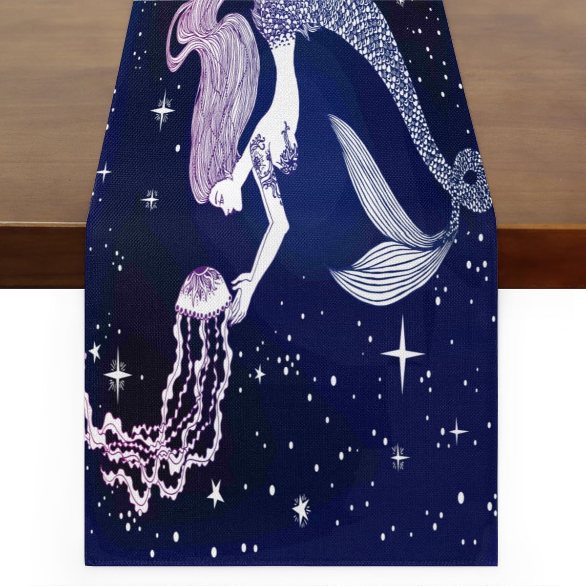 Camino de mesa vintage con patrón de sirena, mantel de lino rústico para cocina de granja, cena, eventos, fiesta, decoración de mesa de vacaciones,