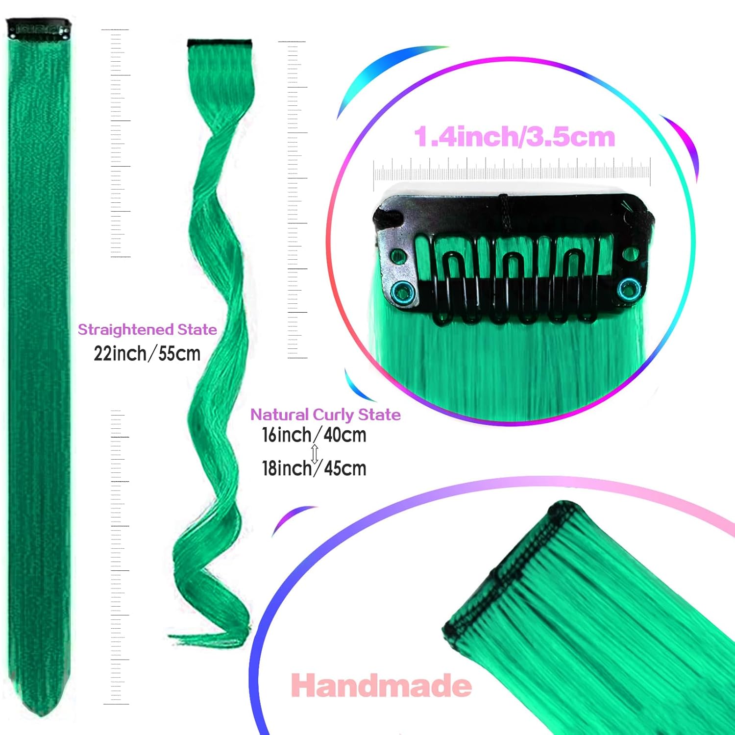 12 extensiones de cabello verde con clip, extensiones rizadas y onduladas de color para niños y niñas, extensiones sintéticas con reflejos para